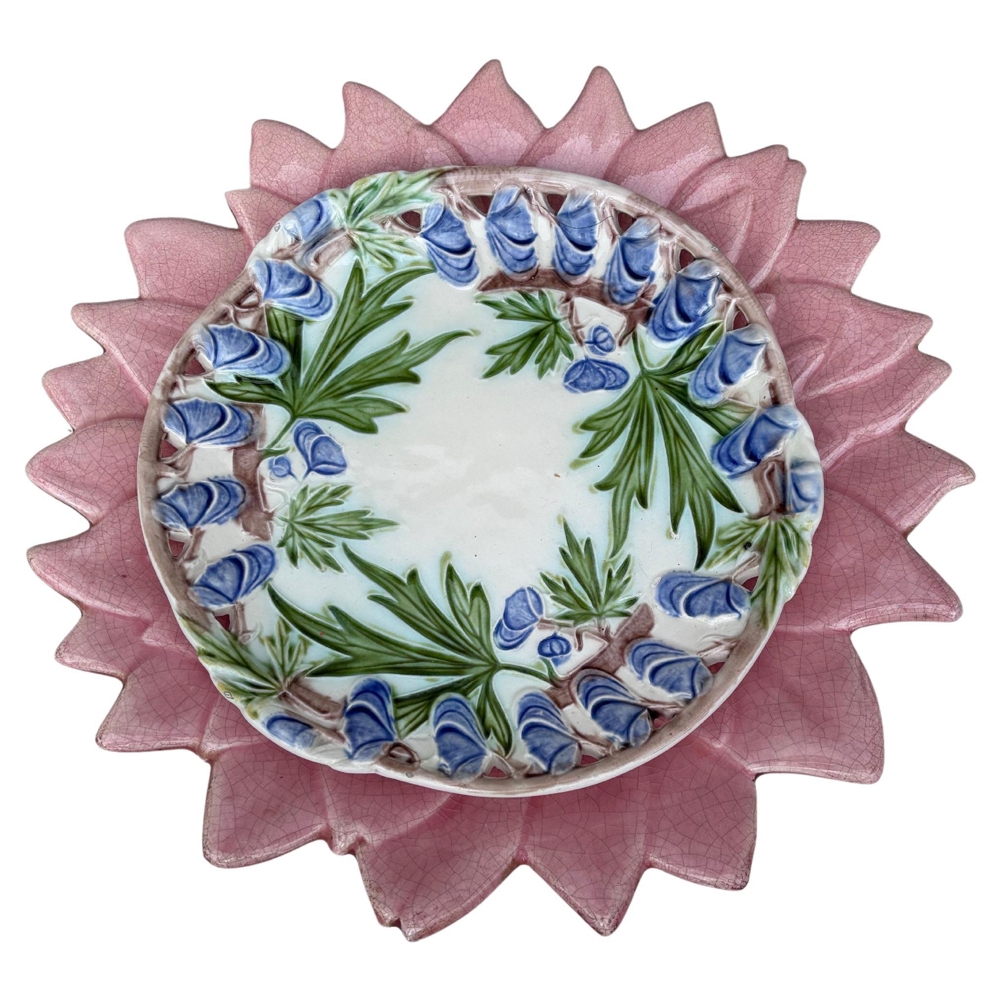Mid-20th Century Large French Mid-Century Majolica Pink Flower Platter For Sale