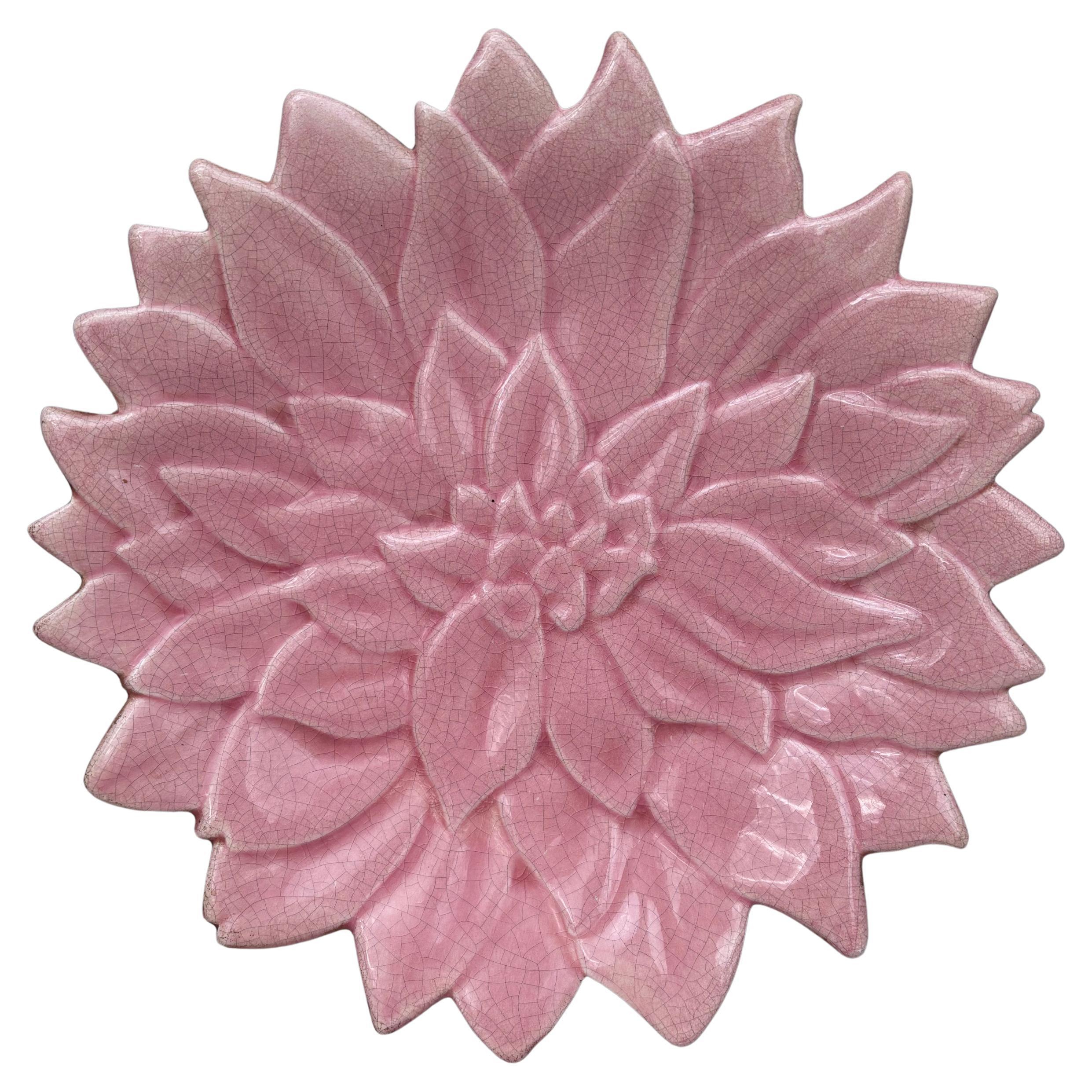 Large French Mid-Century Majolica Pink Flower Platter