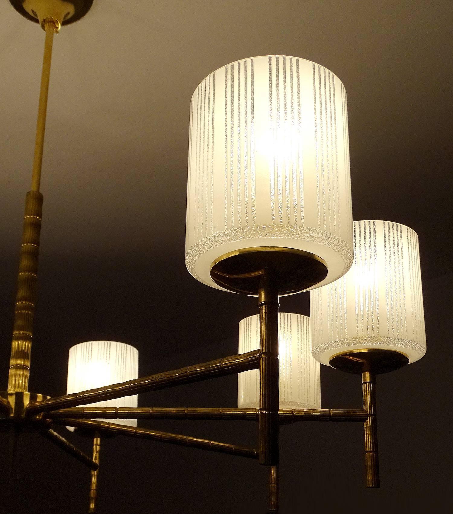 Large MidCentury Maison Bagues Brass Chandelier Glass Globes Pendant, 60s  6