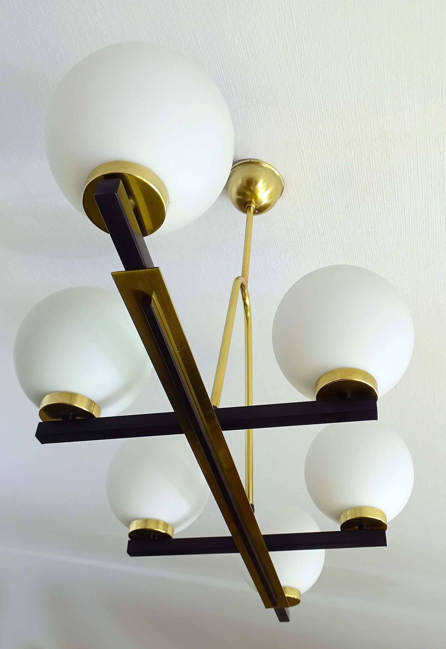 Large Modernist  Linear Glass Brass Maison Arlus Chandelier, Stilnovo Style  7