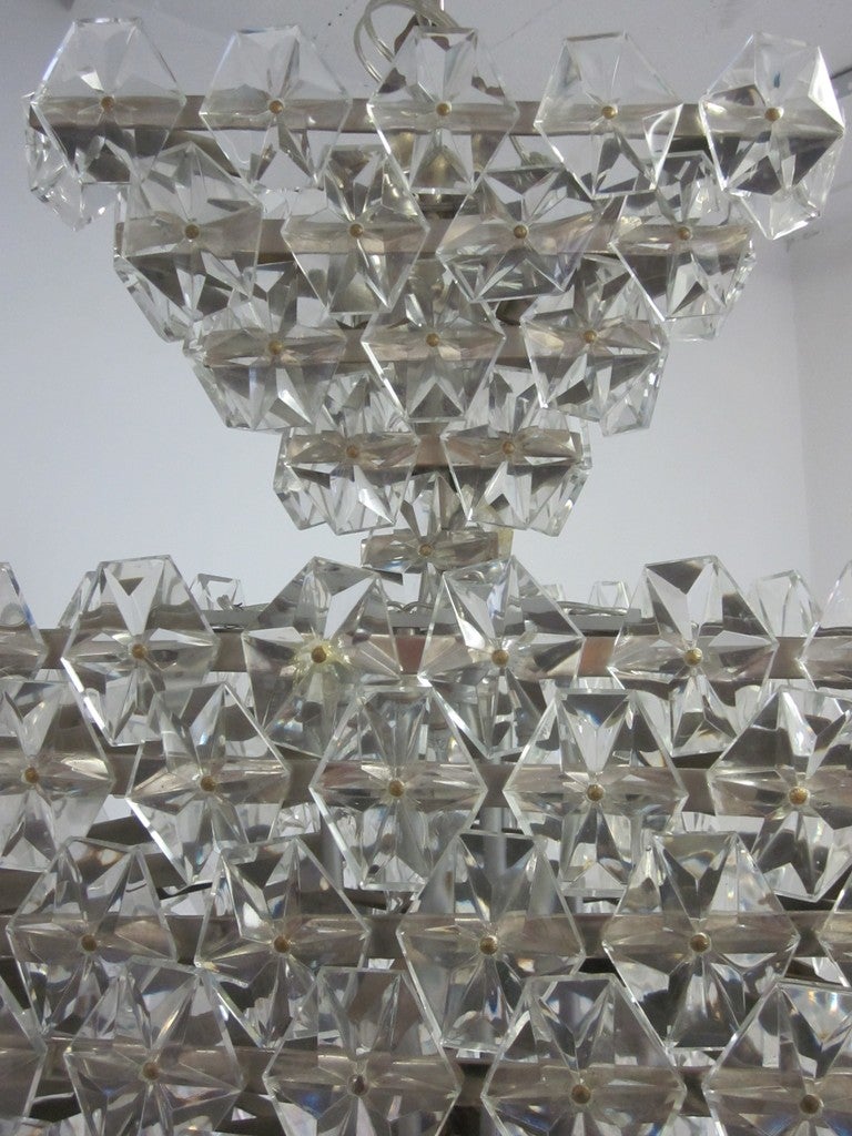 Stainless Steel French Mid-Century Modern Cut Crystal Pyramid Chandelier Attributed to Baccarat