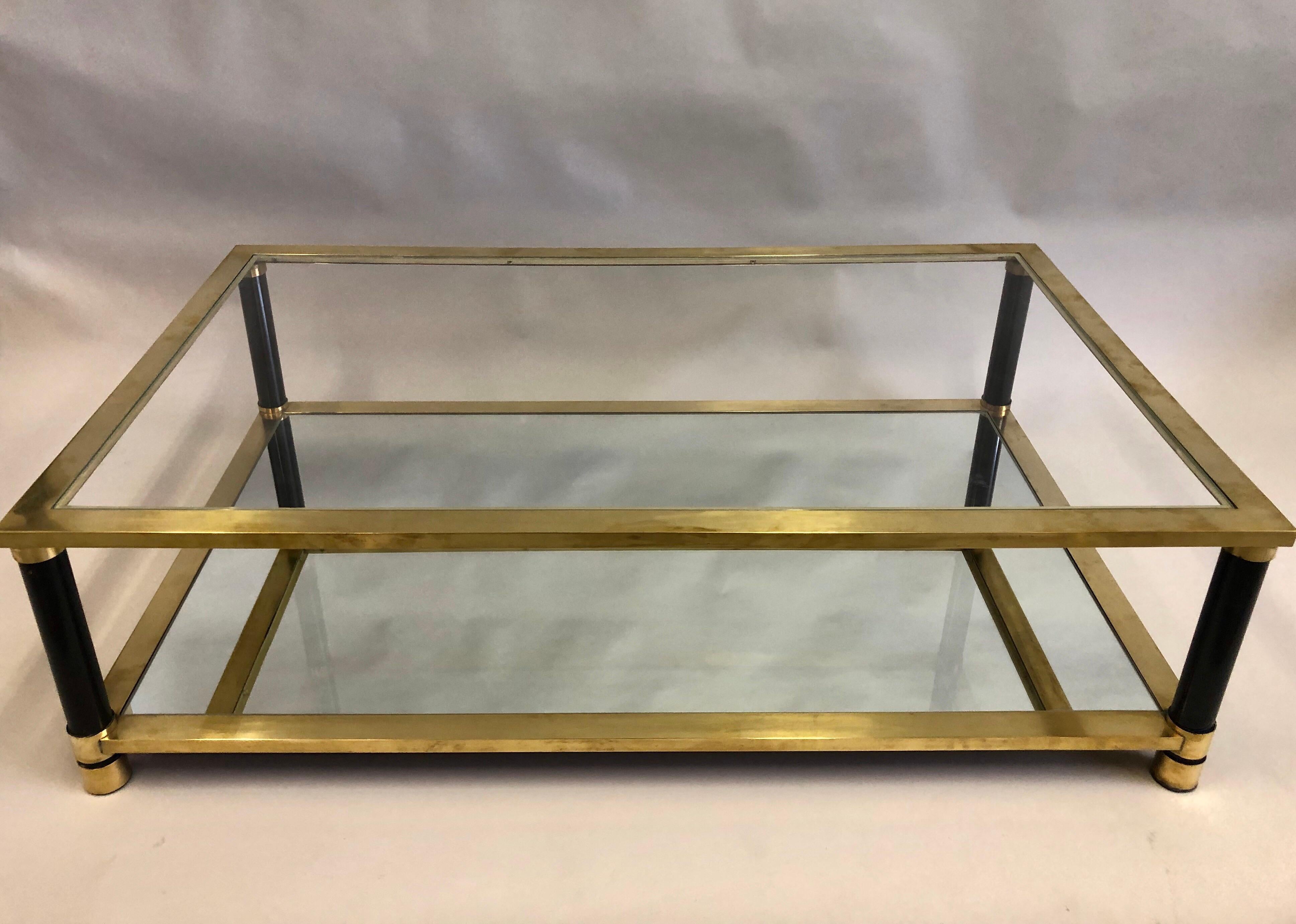 Large French Mid-Century Modern Double Level Brass Coffee Table, Maison Charles In Good Condition In New York, NY