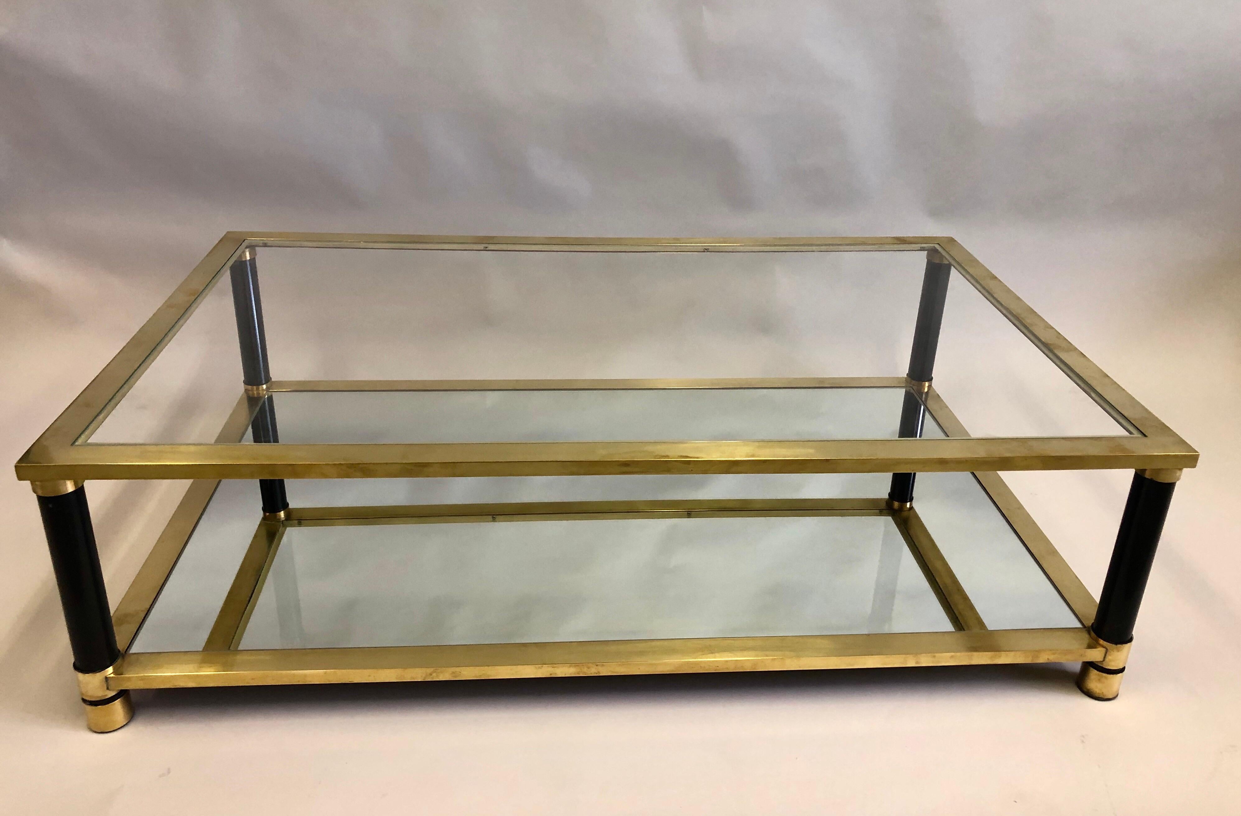 Large French Mid-Century Modern Double Level Brass Coffee Table, Maison Charles 1