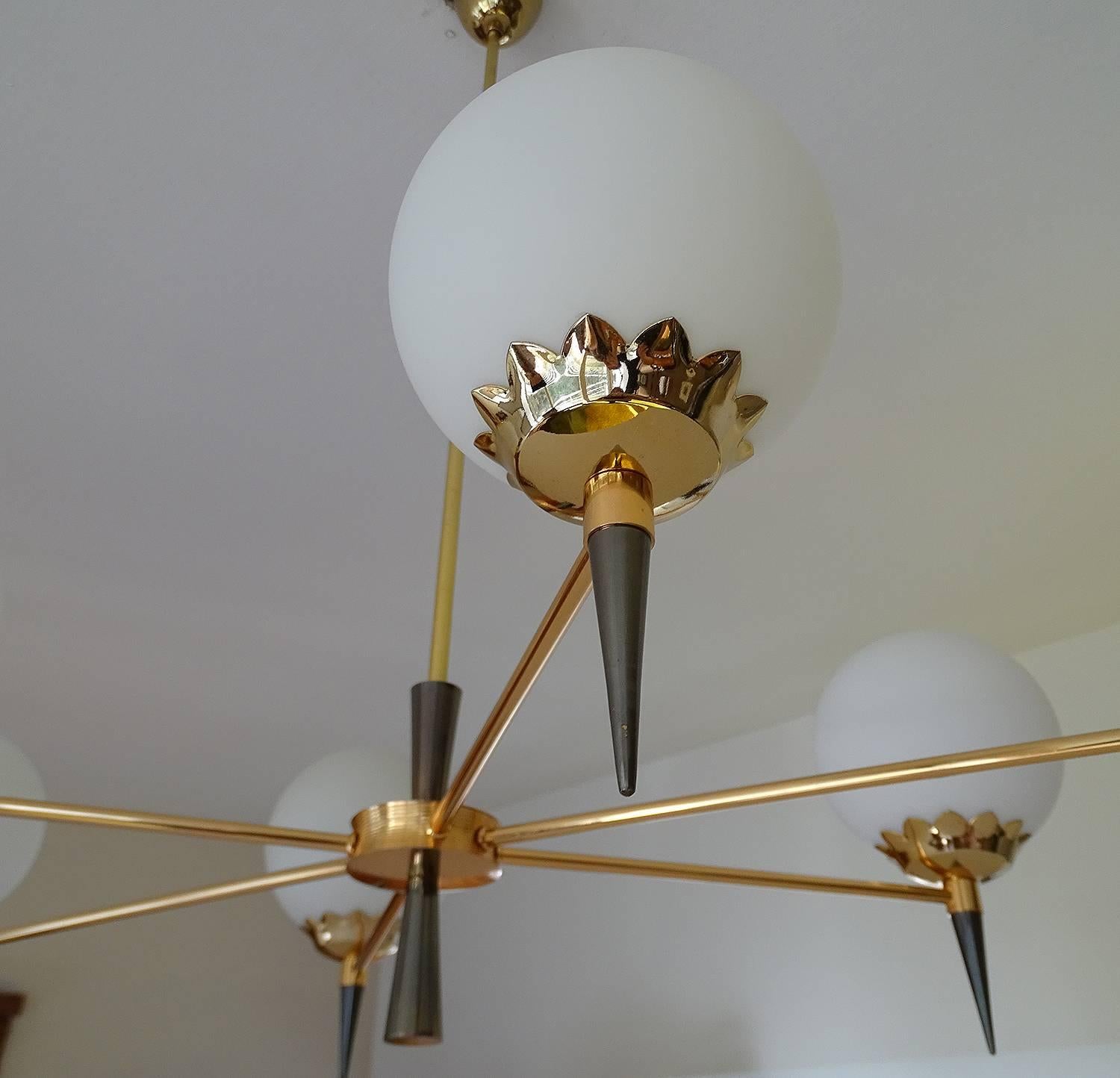 Large   Maison Arlus Brass Chandelier Pendant Light , Stilnovo Gio Ponti Era  For Sale 4