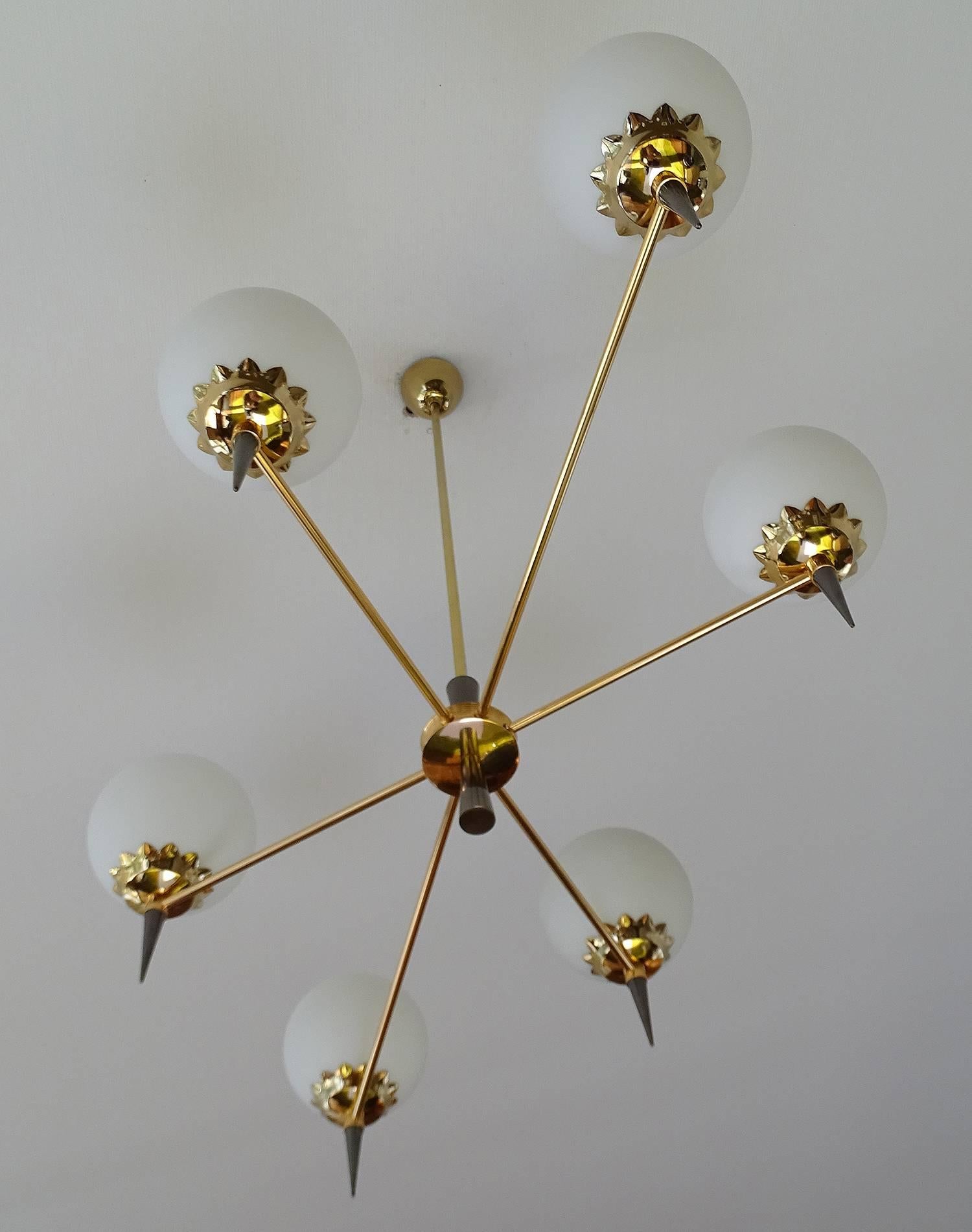 Large   Maison Arlus Brass Chandelier Pendant Light , Stilnovo Gio Ponti Era  For Sale 1