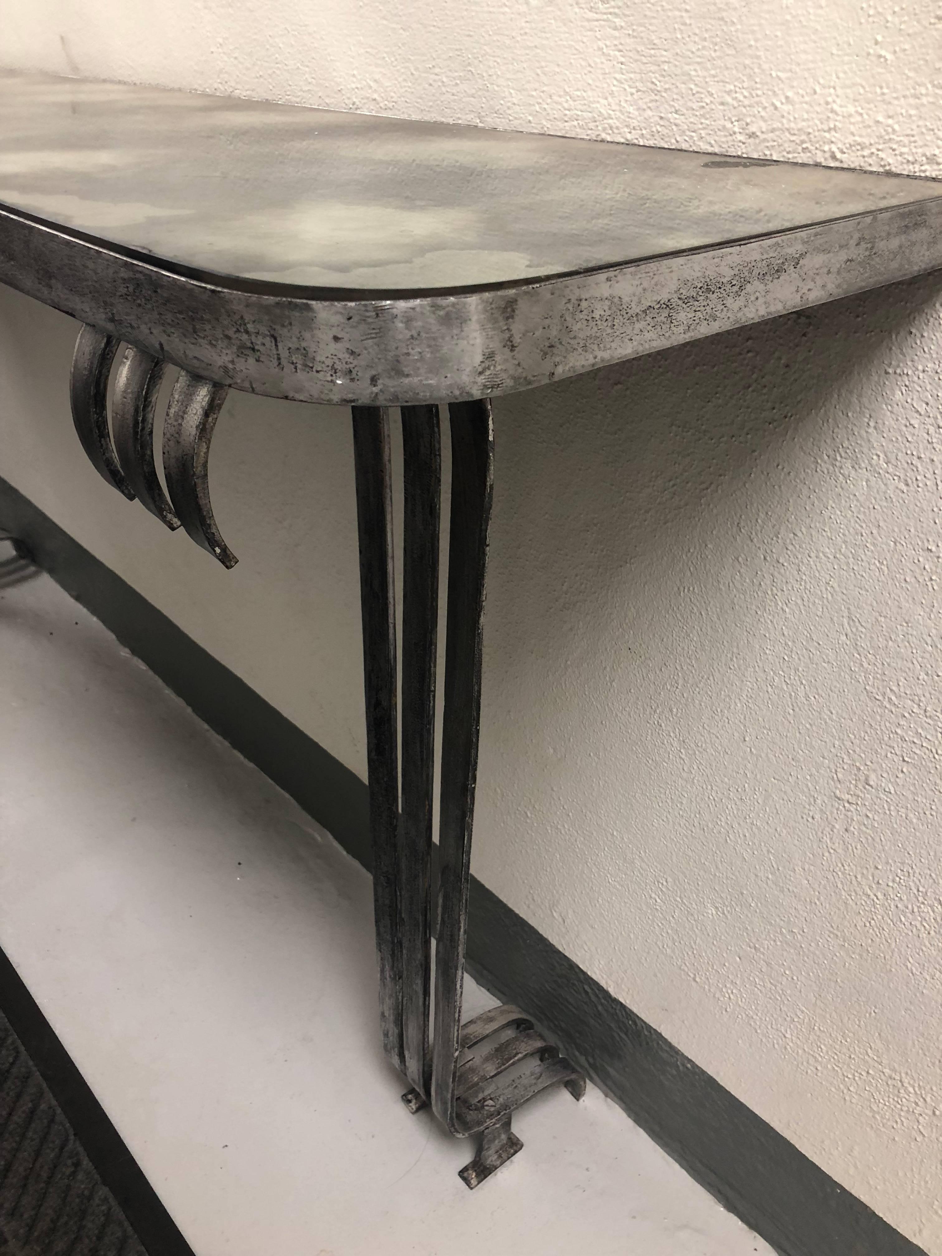 Mid-Century Modern Large French Mid-Century /Art Deco Silvered Iron Console, Raymond Subes, 1930 For Sale
