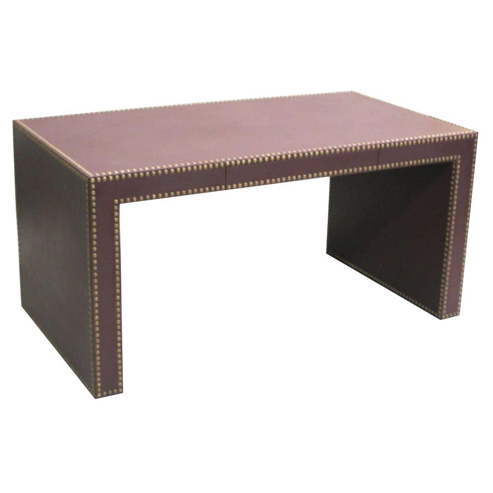 Large French Mid-Century Modern Studded Leather Desk, Pierre Lottier For Sale