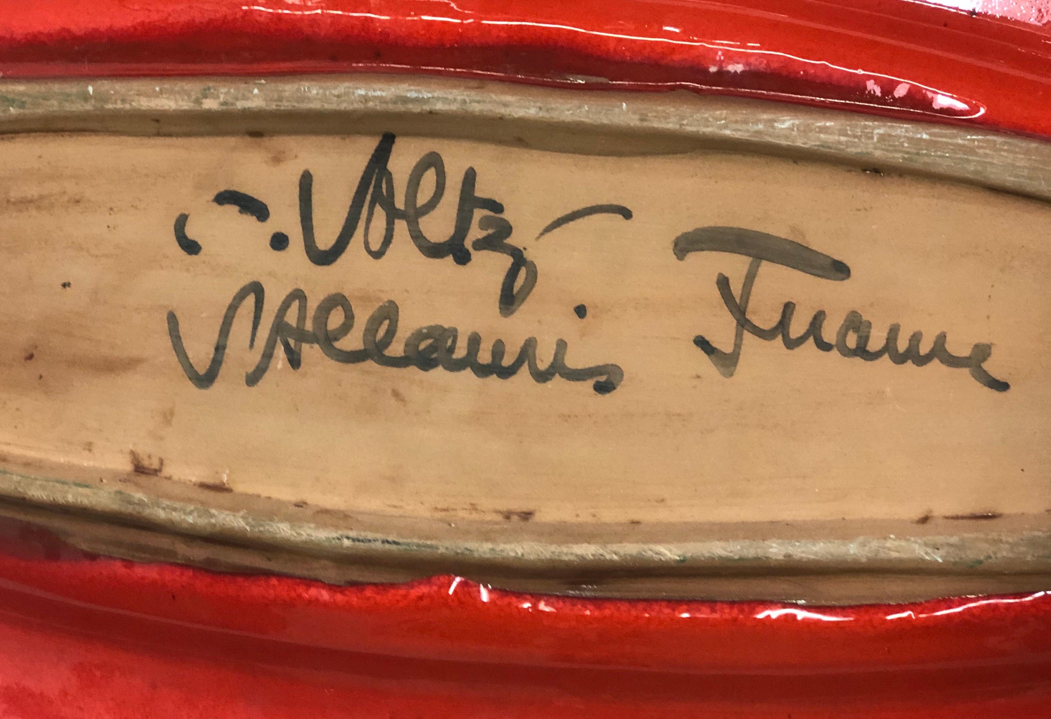Großer ovaler französischer Servierteller aus roter Keramik aus der Mitte des Jahrhunderts von Voltz, Vallauris (20. Jahrhundert) im Angebot