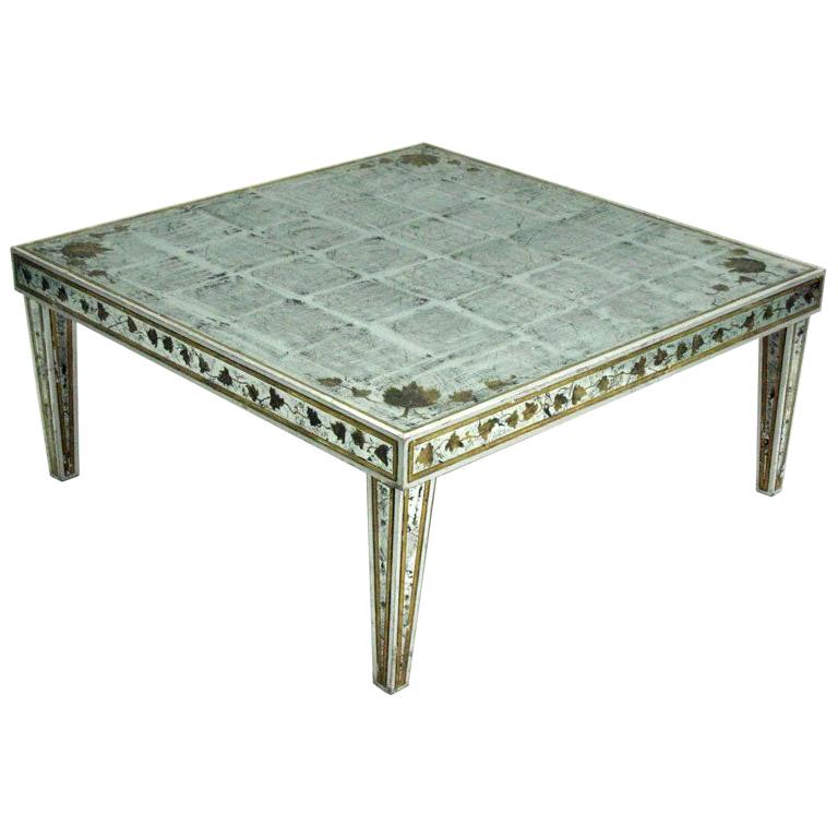 Grande table basse française du milieu du siècle dernier en verre vert feuille d'argent, Maison Jansen en vente