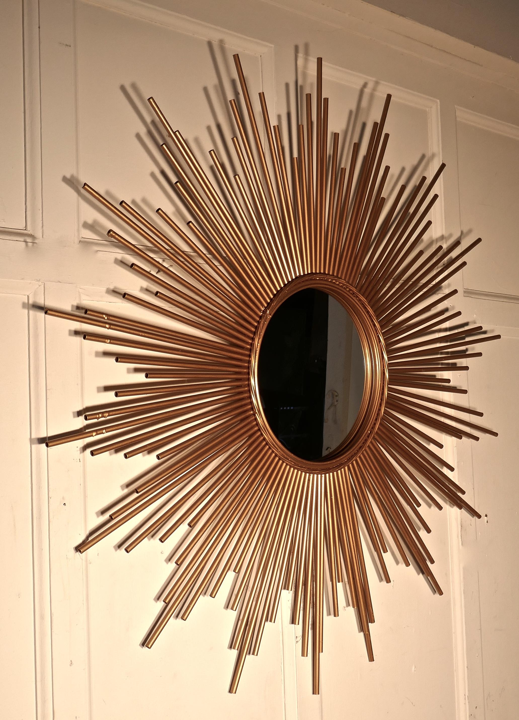 Art Deco Large French Mid Century Sunburst-Starburst Brass Mirror