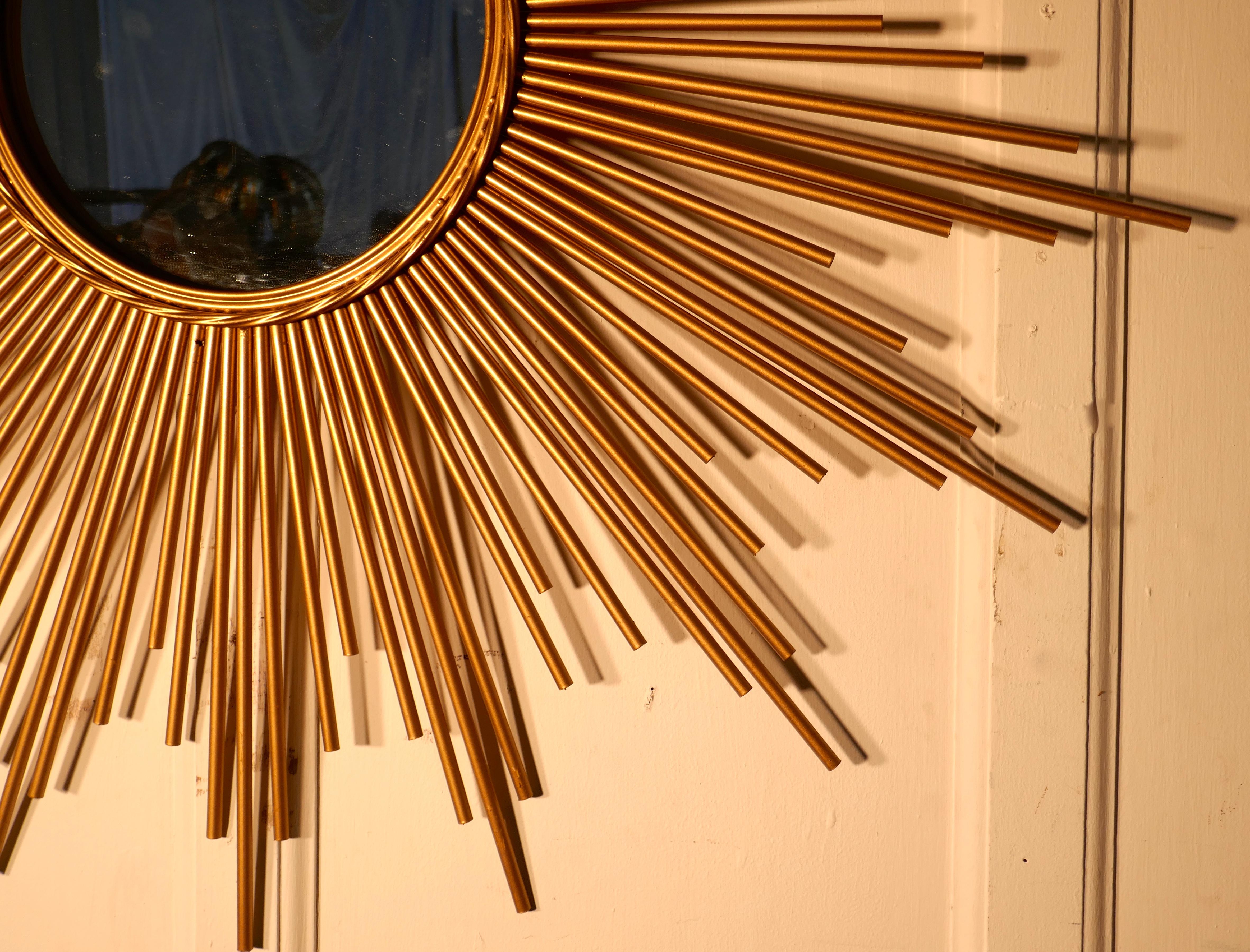 20th Century Large French Mid Century Sunburst-Starburst Brass Mirror