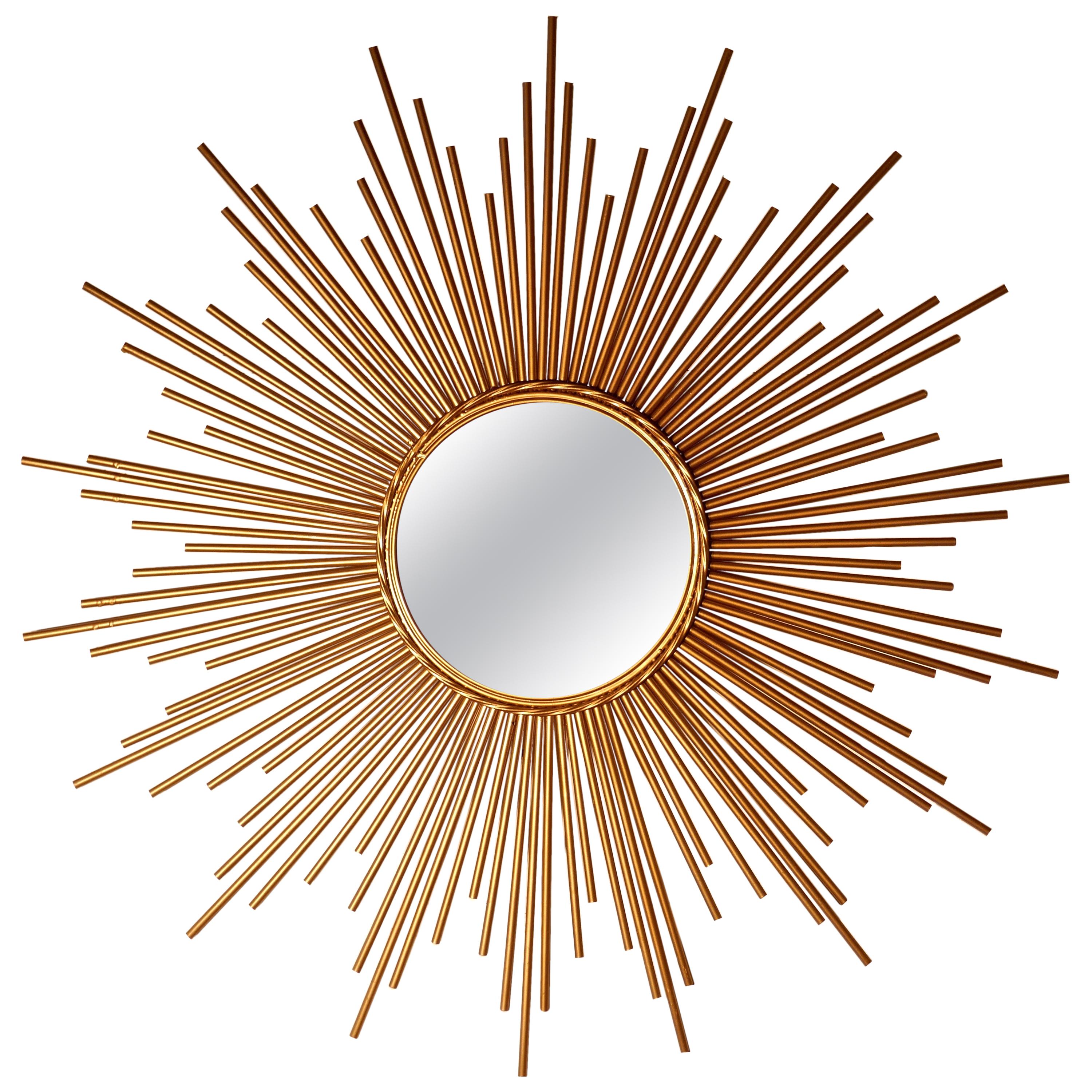 Large French Mid Century Sunburst-Starburst Brass Mirror