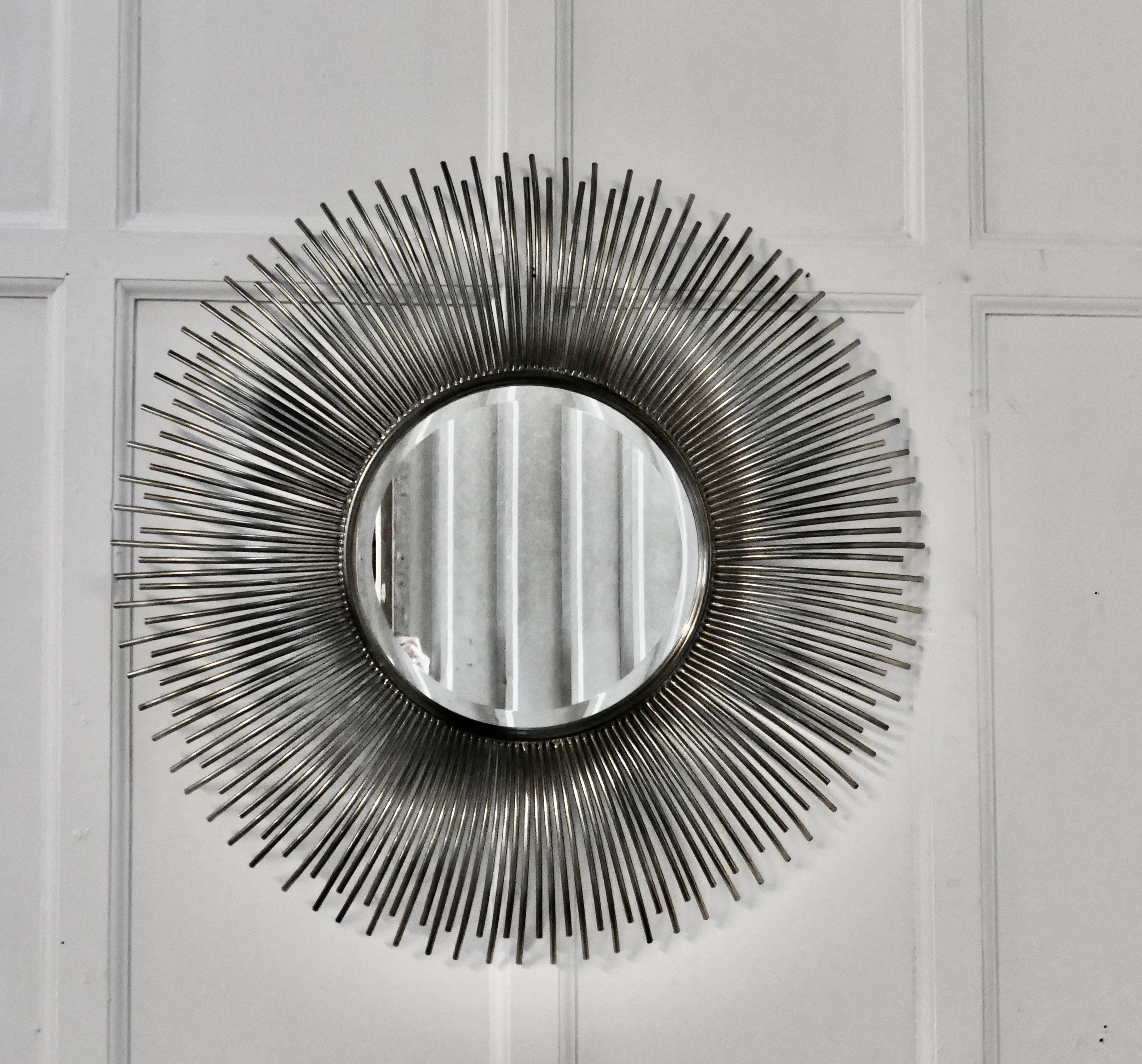 Large French Midcentury Sunburst-Starburst Steel Mirror For Sale 3