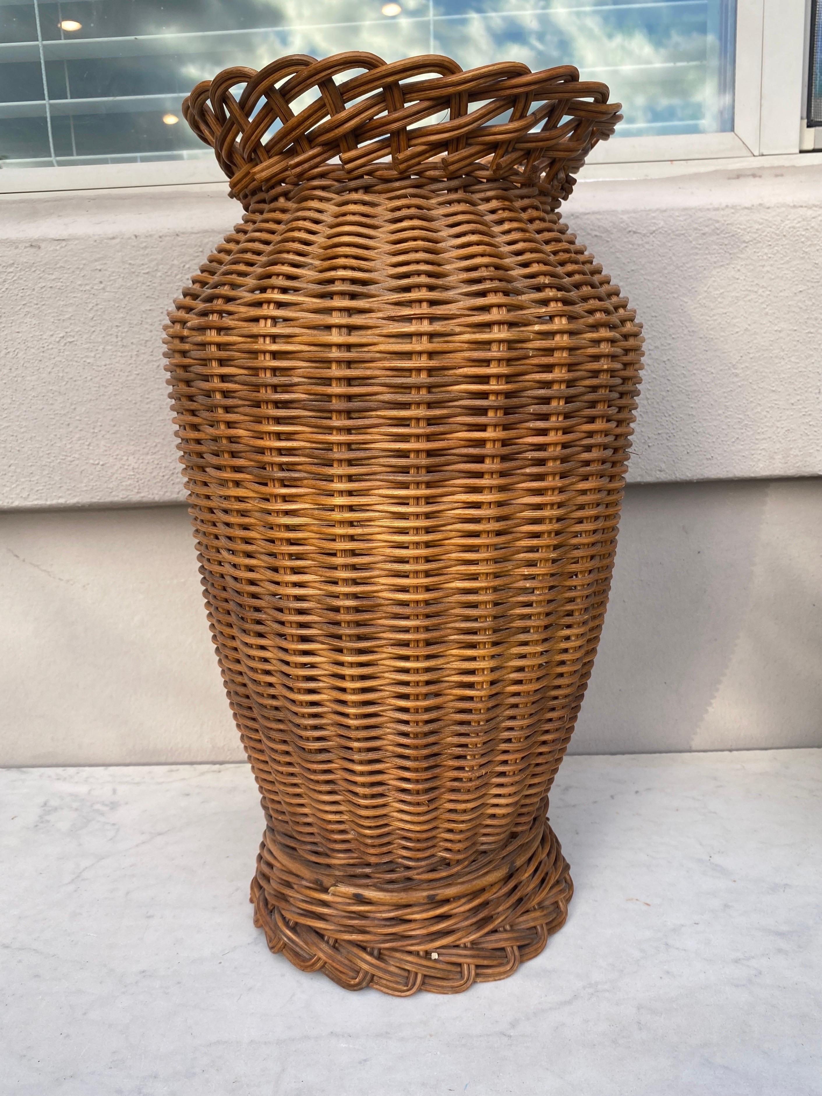 Bohemian Large French Mid-Century Wicker Vase For Sale