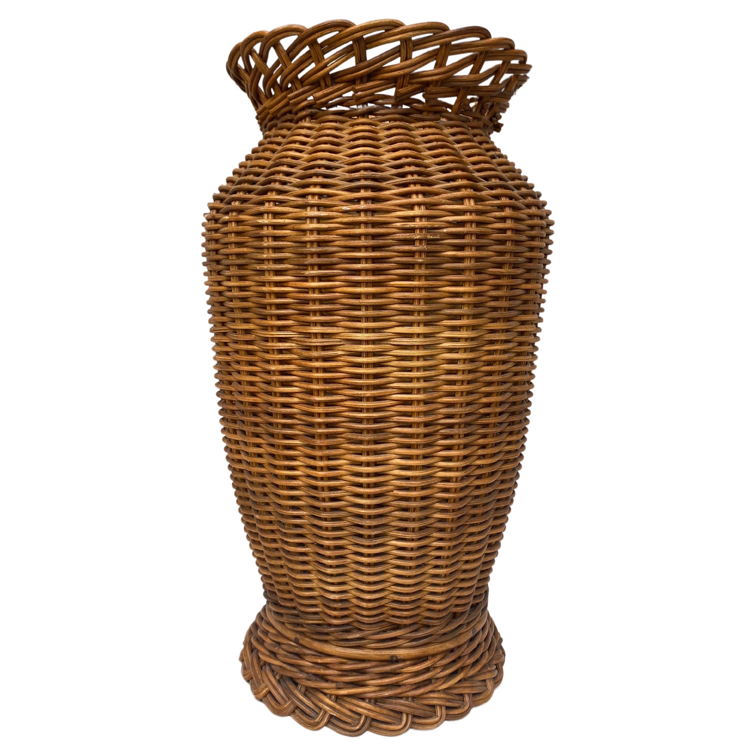 Large French Mid-Century Wicker Vase For Sale