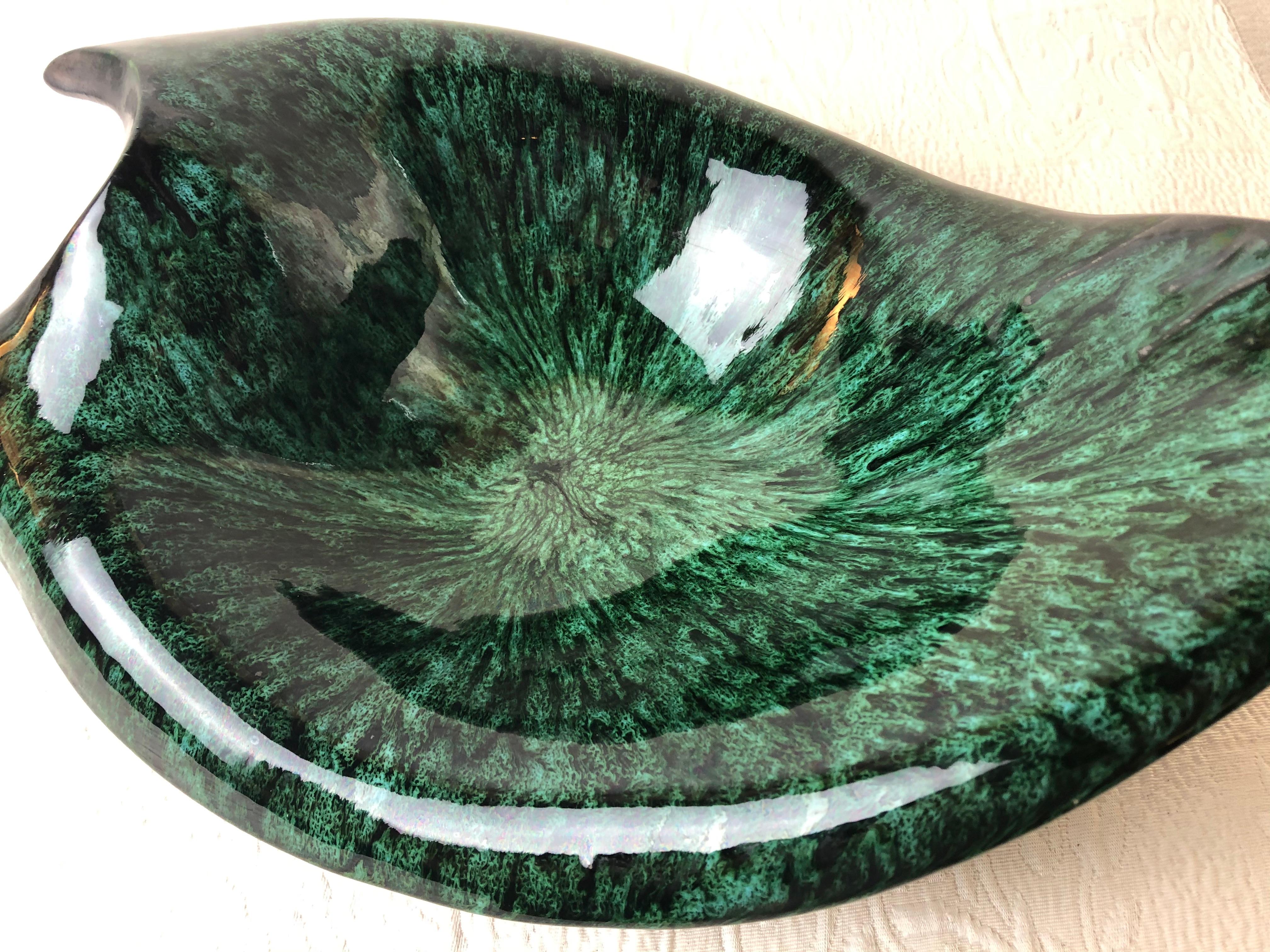 Mid-Century Modern Large French Midcentury Black Matte and Glazed Green Ceramic Bowl Signed For Sale