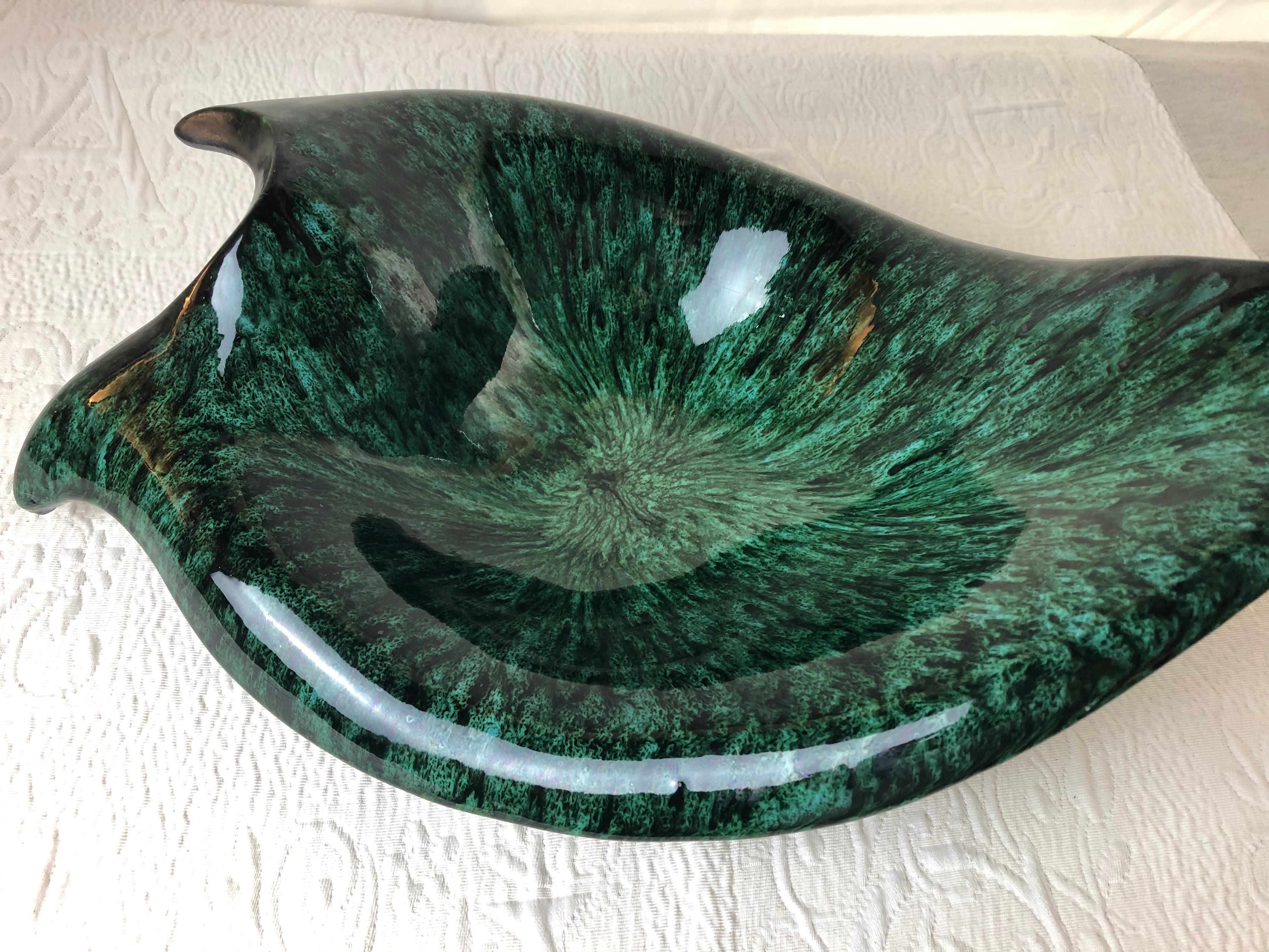 Large French Midcentury Black Matte and Glazed Green Ceramic Bowl Signed In Good Condition For Sale In Miami, FL