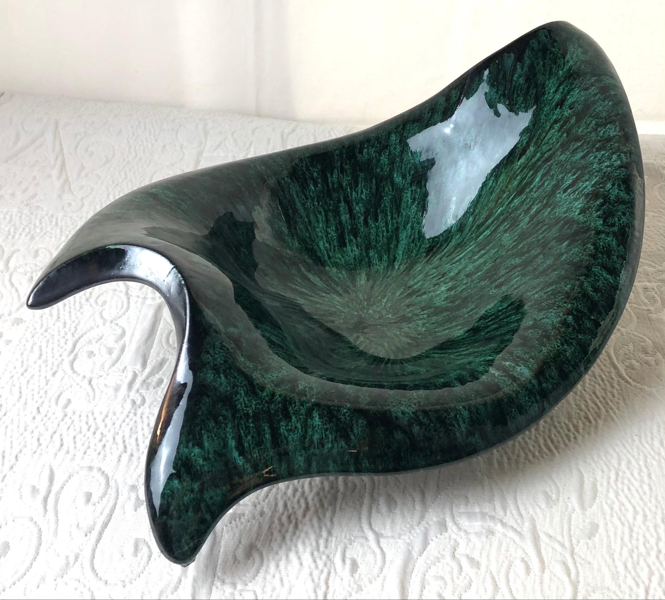 20th Century Large French Midcentury Black Matte and Glazed Green Ceramic Bowl Signed For Sale