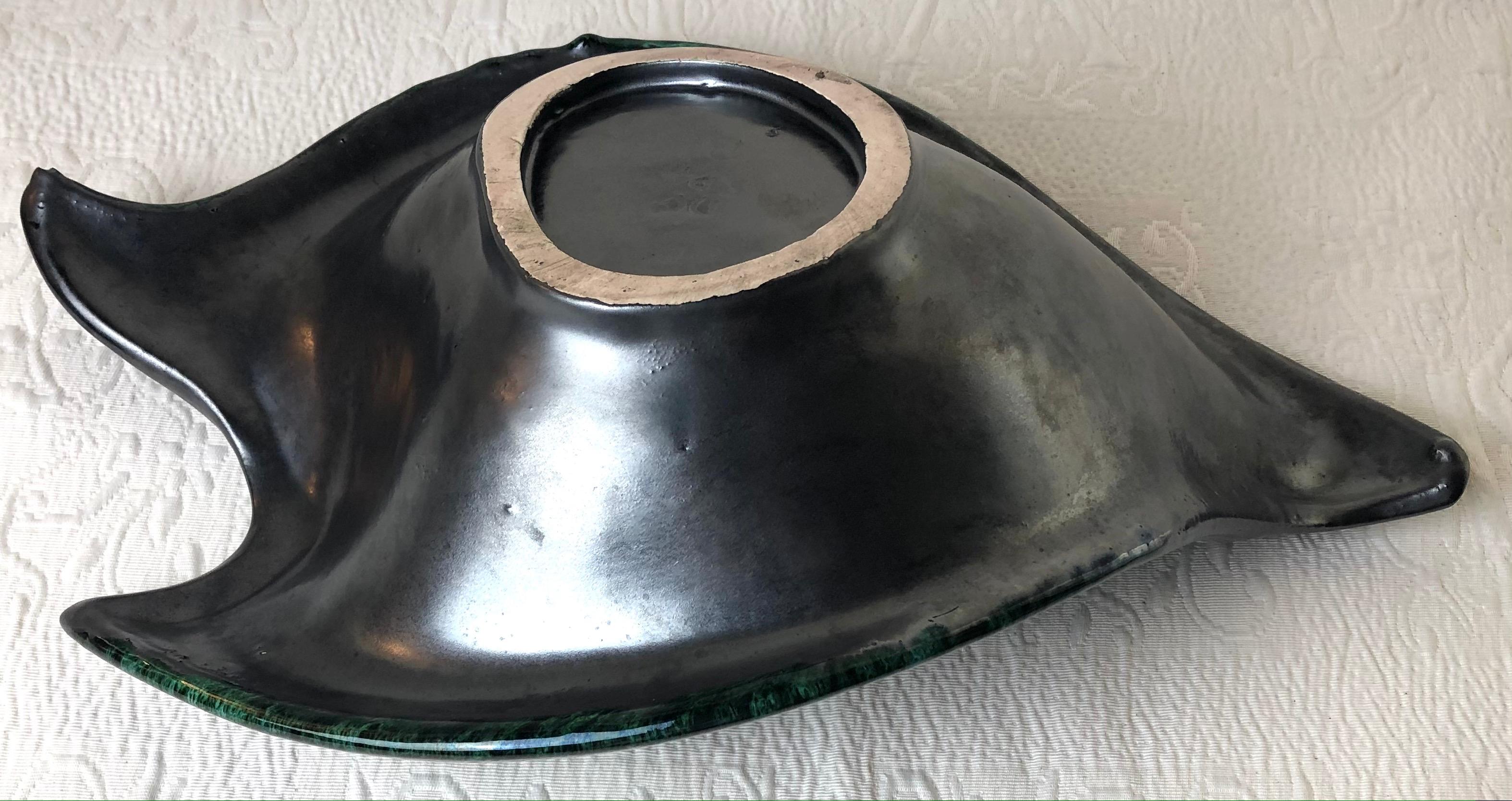 Large French Midcentury Black Matte and Glazed Green Ceramic Bowl Signed For Sale 1