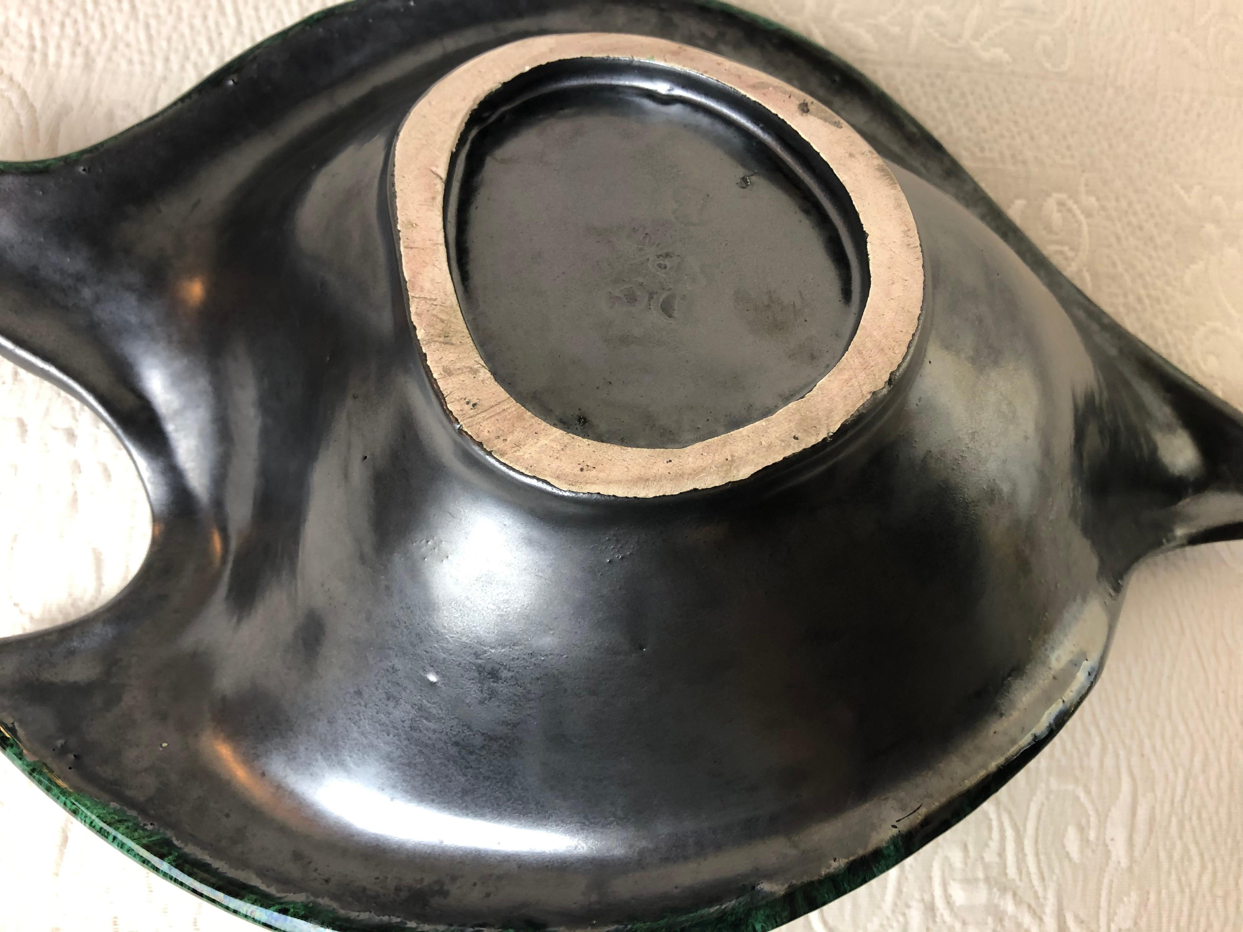Large French Midcentury Black Matte and Glazed Green Ceramic Bowl Signed For Sale 2