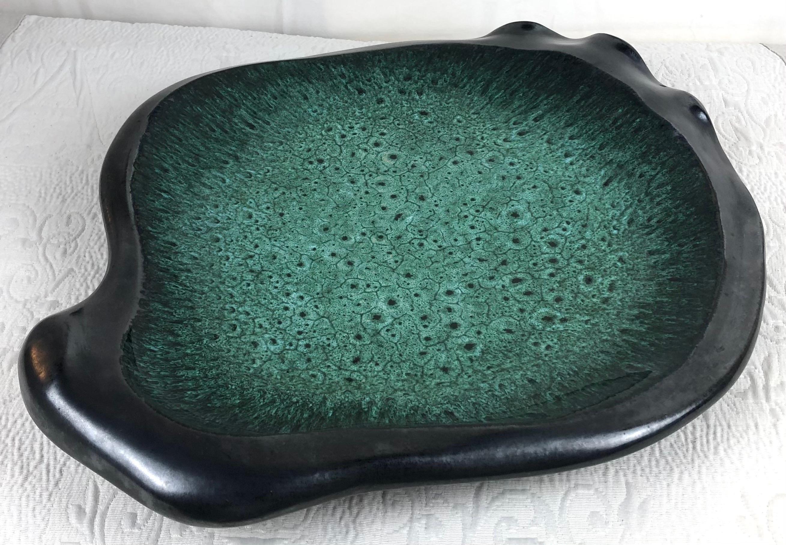 Art Deco Large French Midcentury Black Matte Glazed Green Ceramic Bowl or Platter, Signed