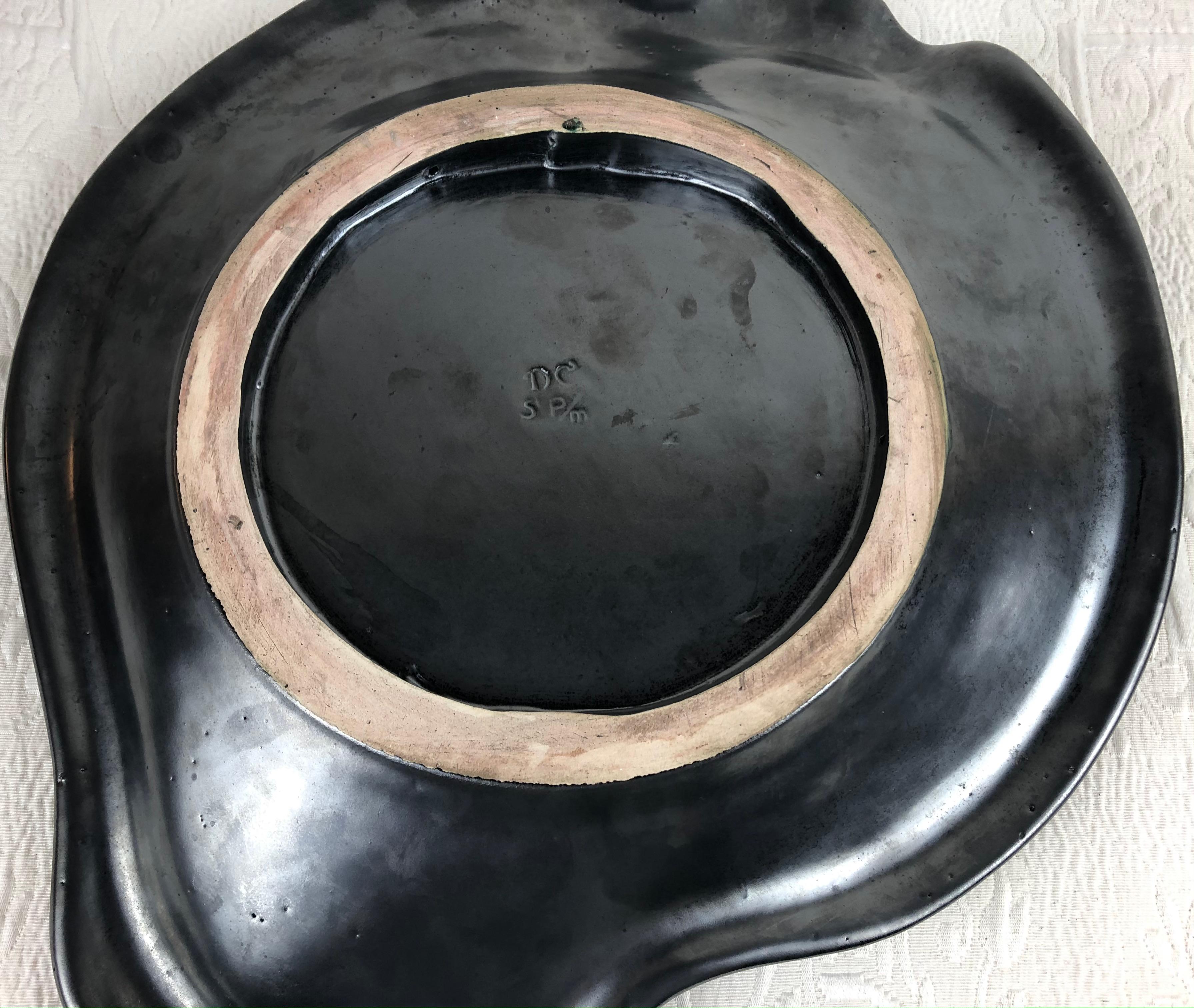 20th Century Large French Midcentury Black Matte Glazed Green Ceramic Bowl or Platter, Signed