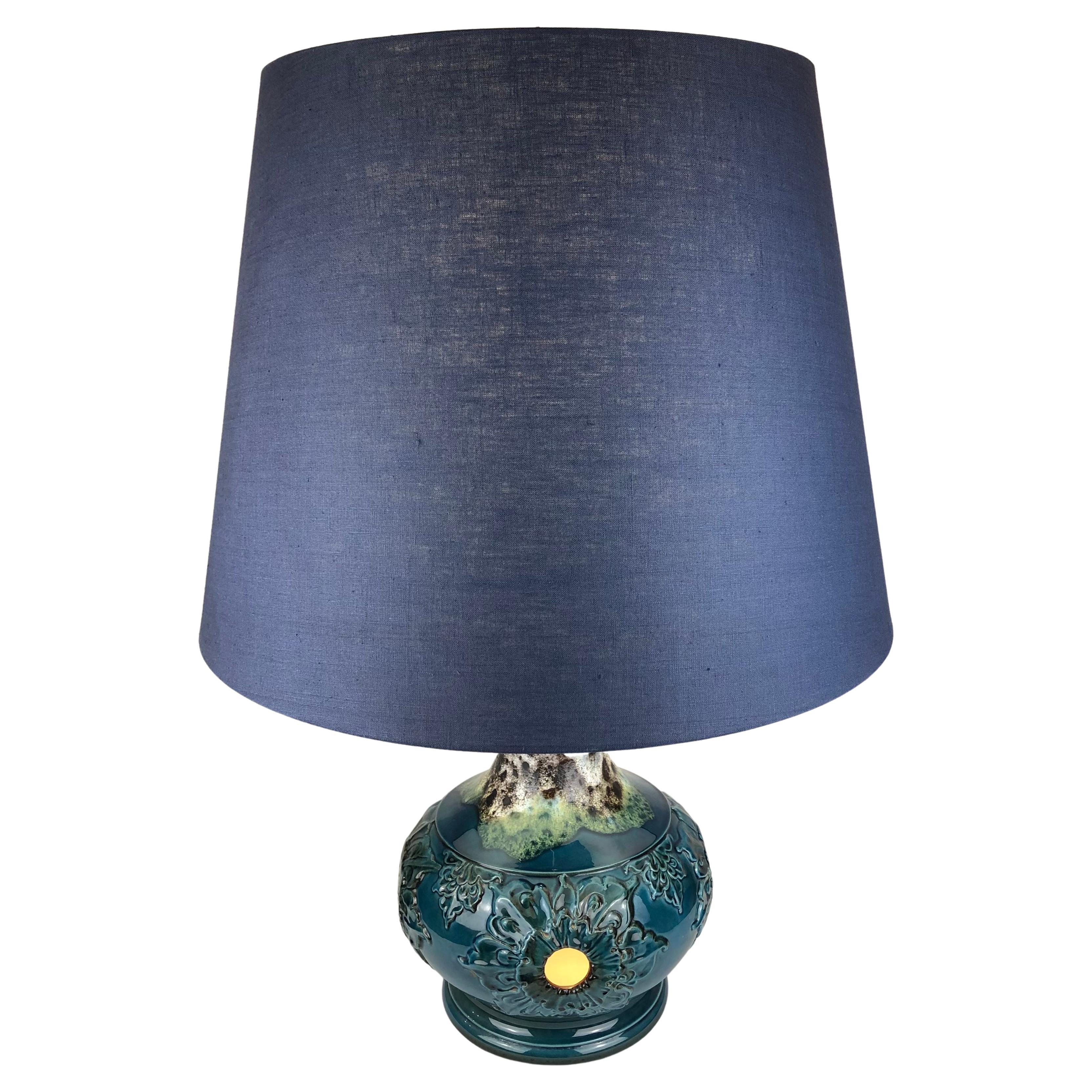 Large French Mid- 20th Century Blue and Beige Glazed Ceramic Table Lamp
