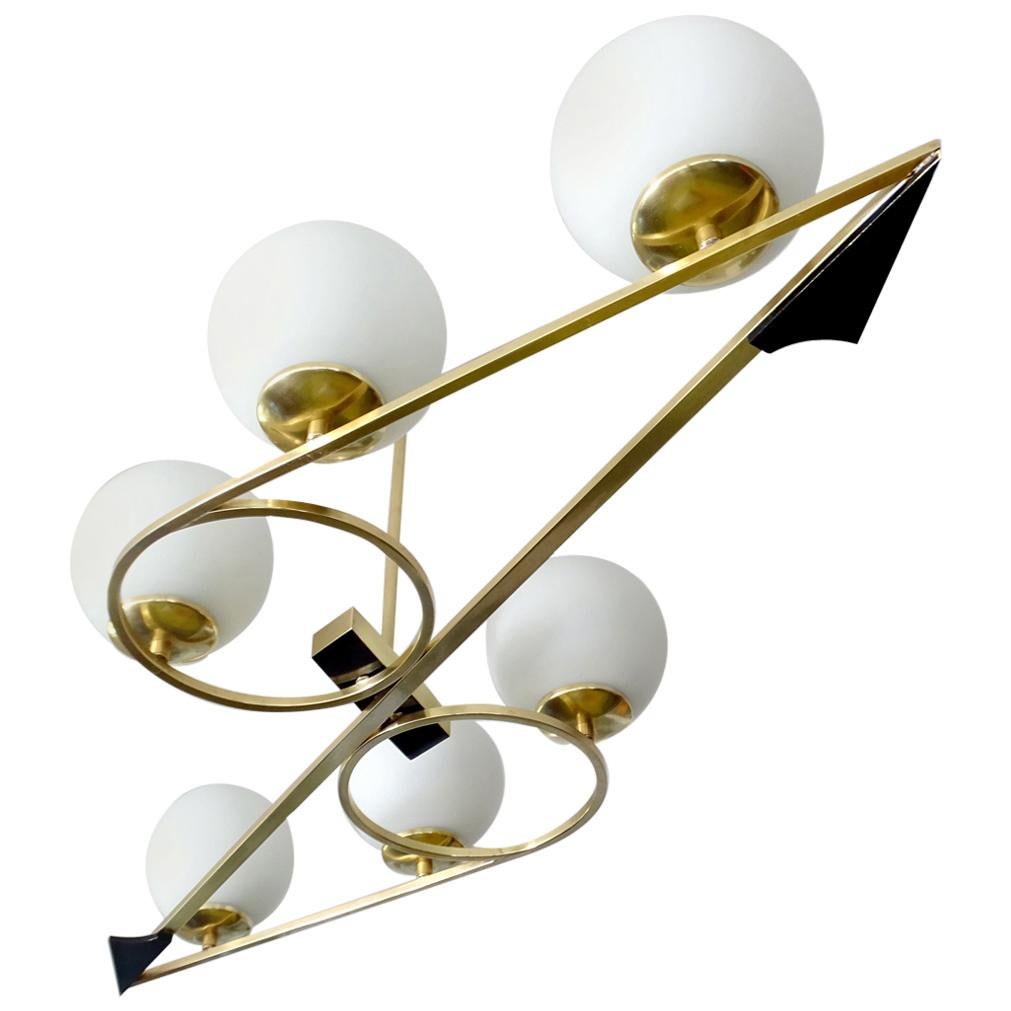   French Mid Century  Pendant Light, Arlus France, Stilnovo Style, Brass Glass For Sale