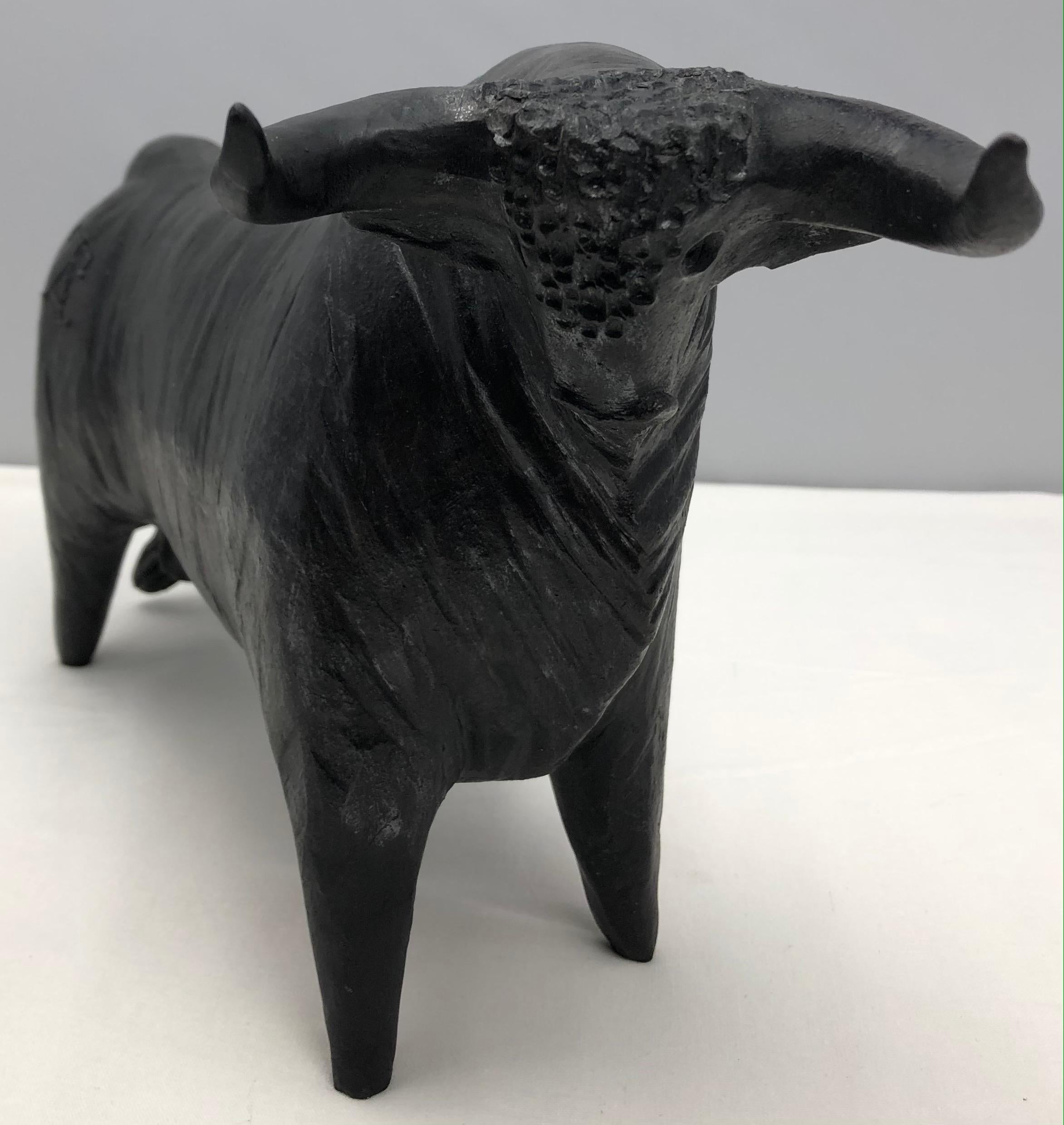 Organic Modern Large French Midcentury Carved Bull Sculpture, Signed  For Sale