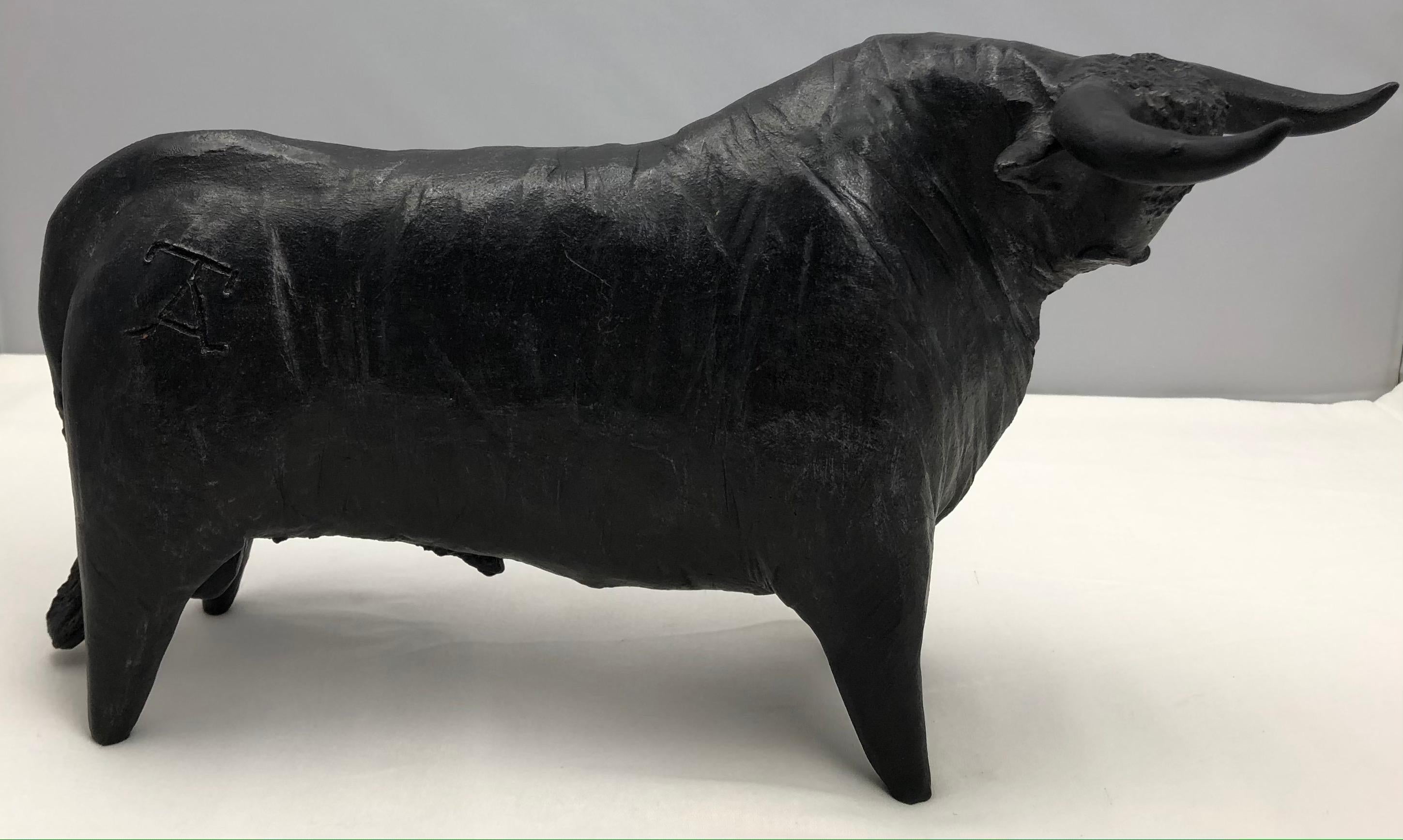 Glazed Large French Midcentury Carved Bull Sculpture, Signed  For Sale