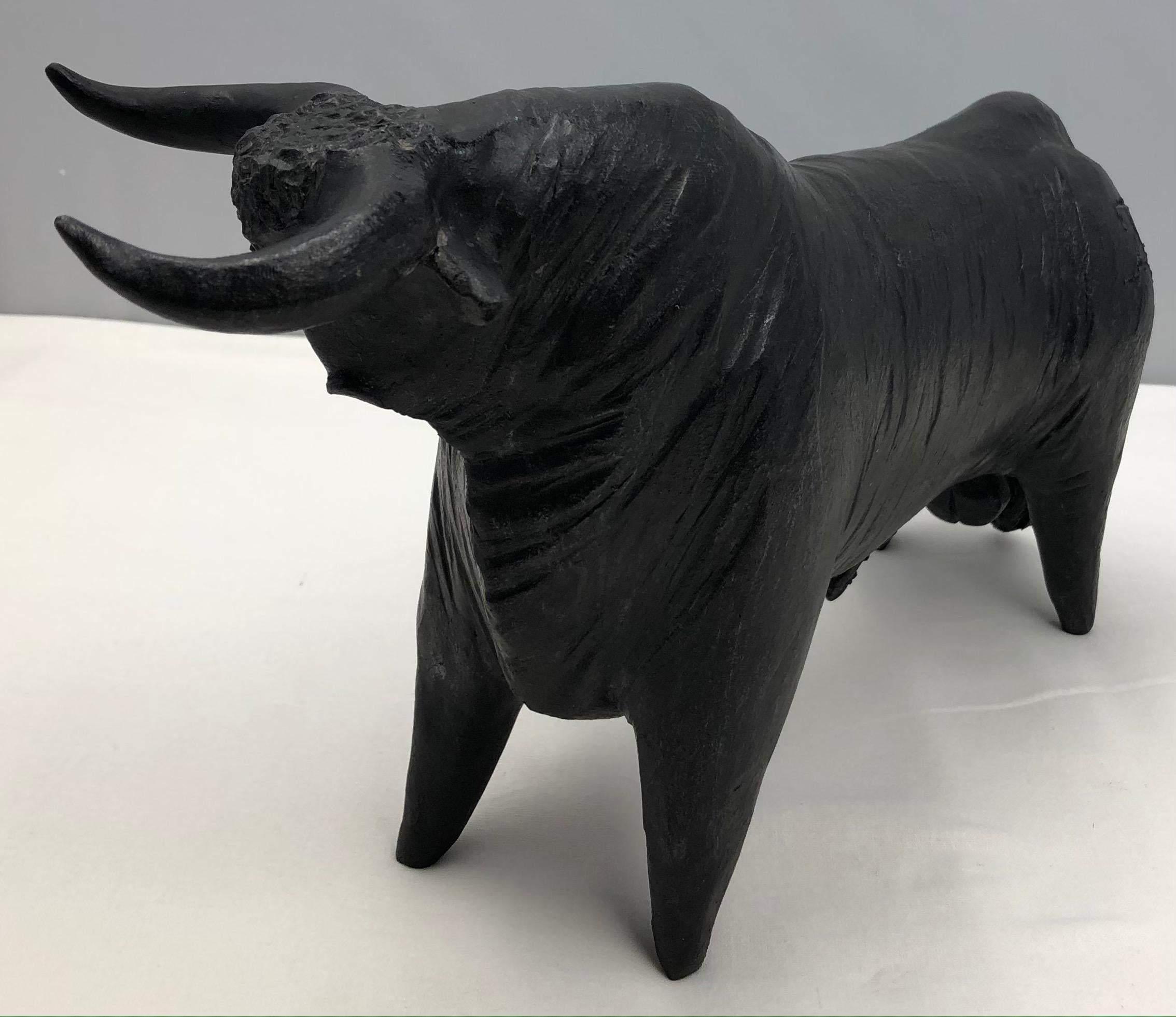 Large French Midcentury Carved Bull Sculpture, Signed  In Good Condition For Sale In Miami, FL
