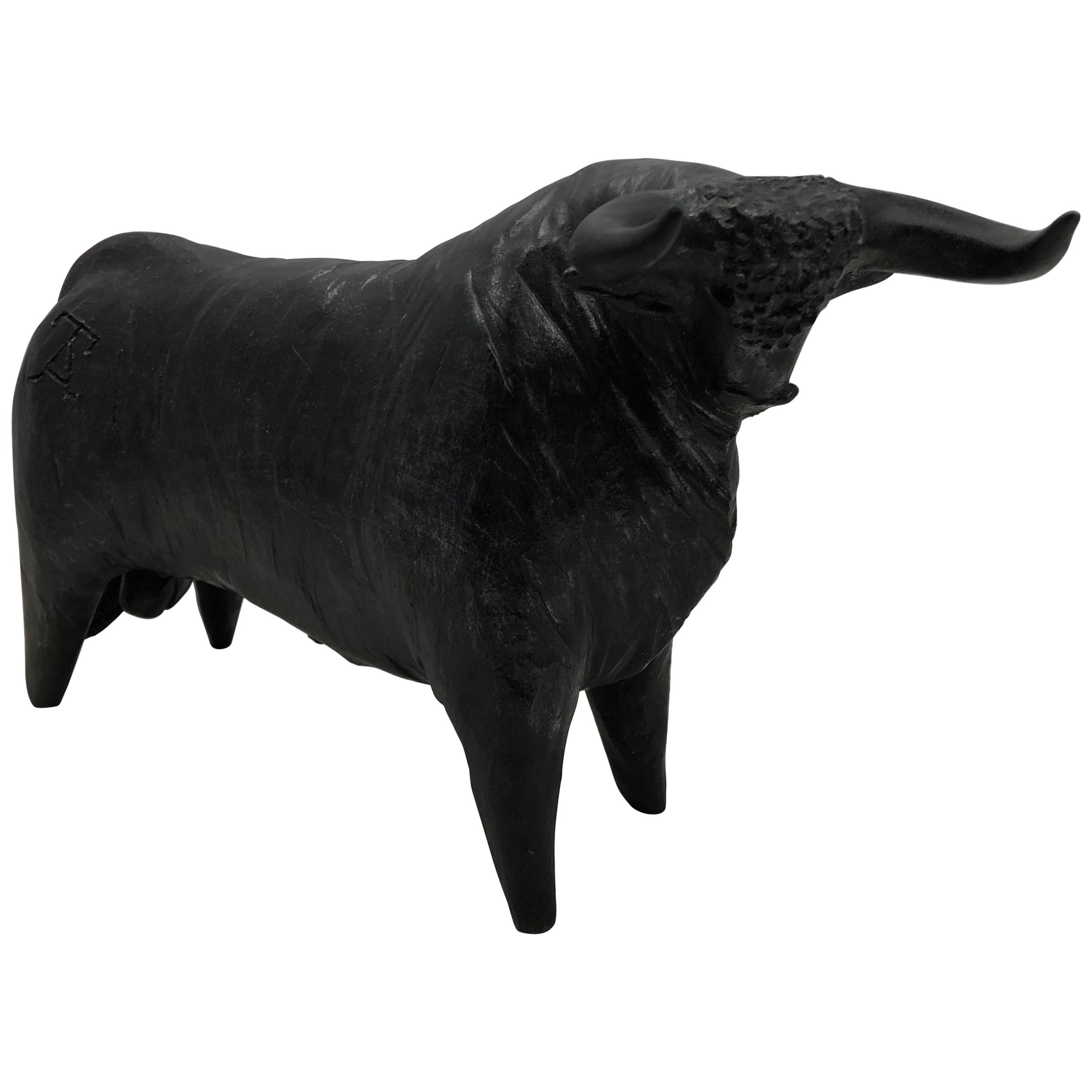 Large French Midcentury Carved Bull Sculpture, Signed  For Sale