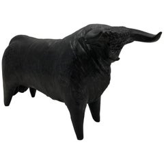 Large French Midcentury Carved Bull Sculpture, Signed 
