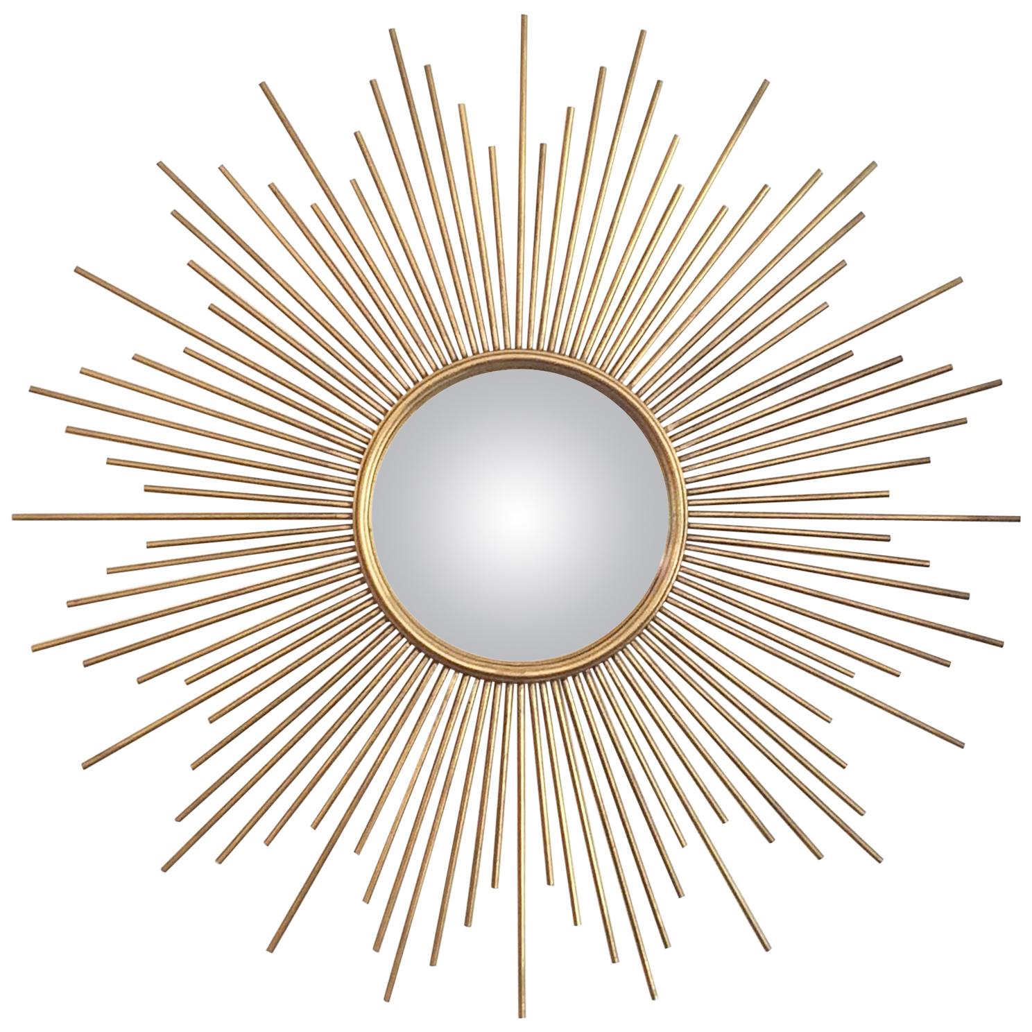 Large French Midcentury Large Solid Ray Sunburst Convex Mirror