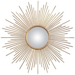 Vintage Large French Midcentury Large Solid Ray Sunburst Convex Mirror