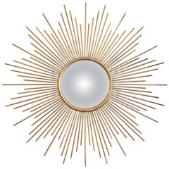 Large French Midcentury Large Solid Ray Sunburst Convex Mirror