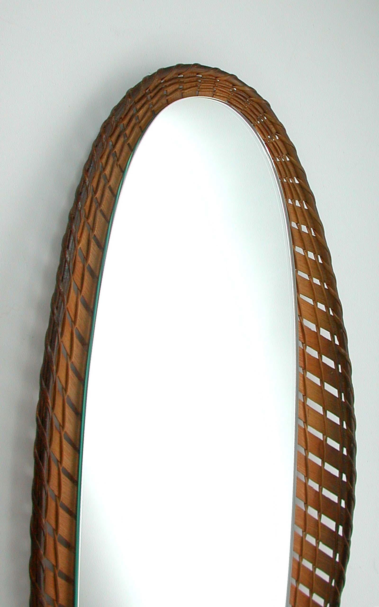 Large French Midcentury Oval Rattan and Wood Wall Mirror, 1950s 6
