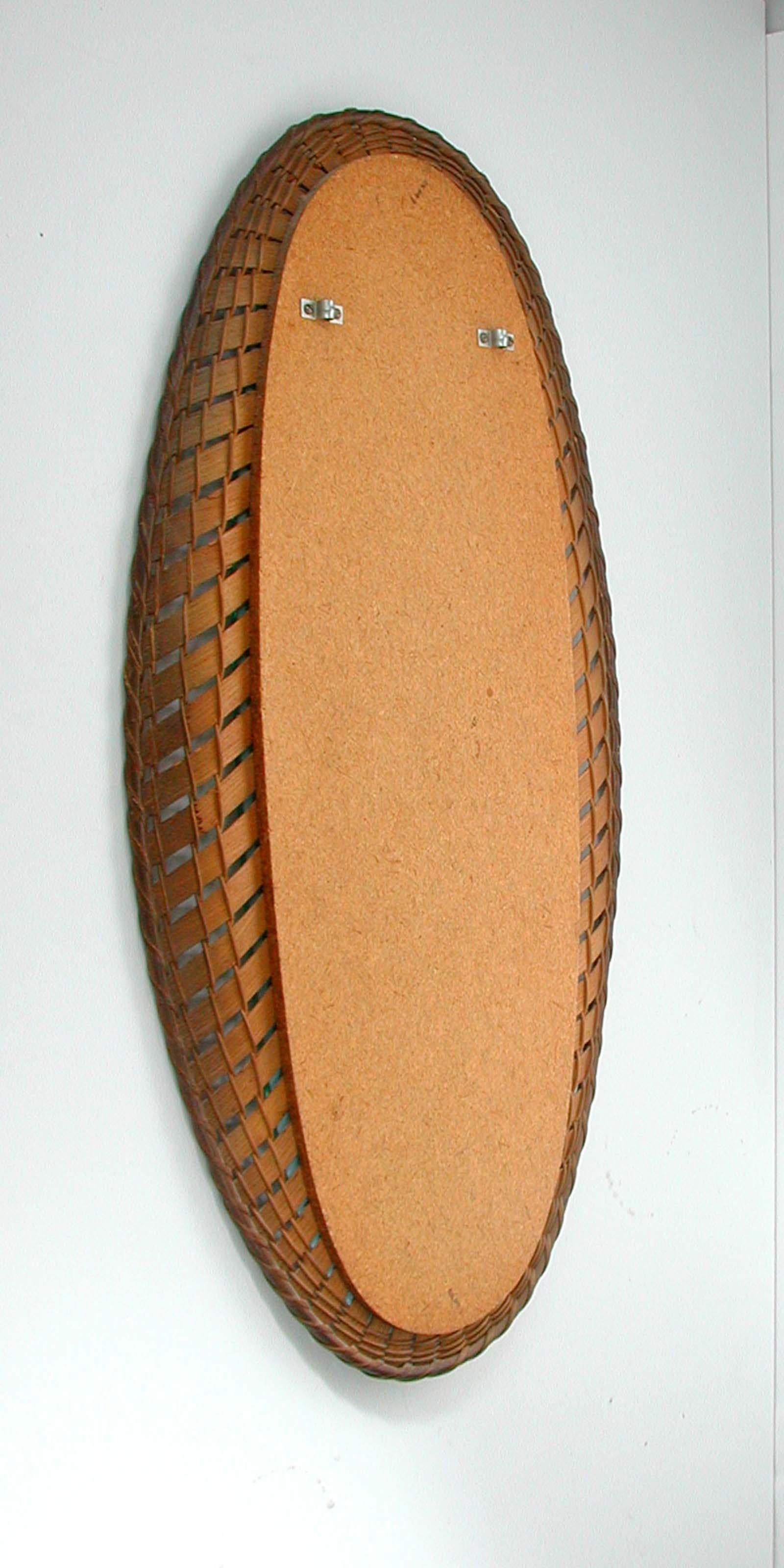 Large French Midcentury Oval Rattan and Wood Wall Mirror, 1950s 8