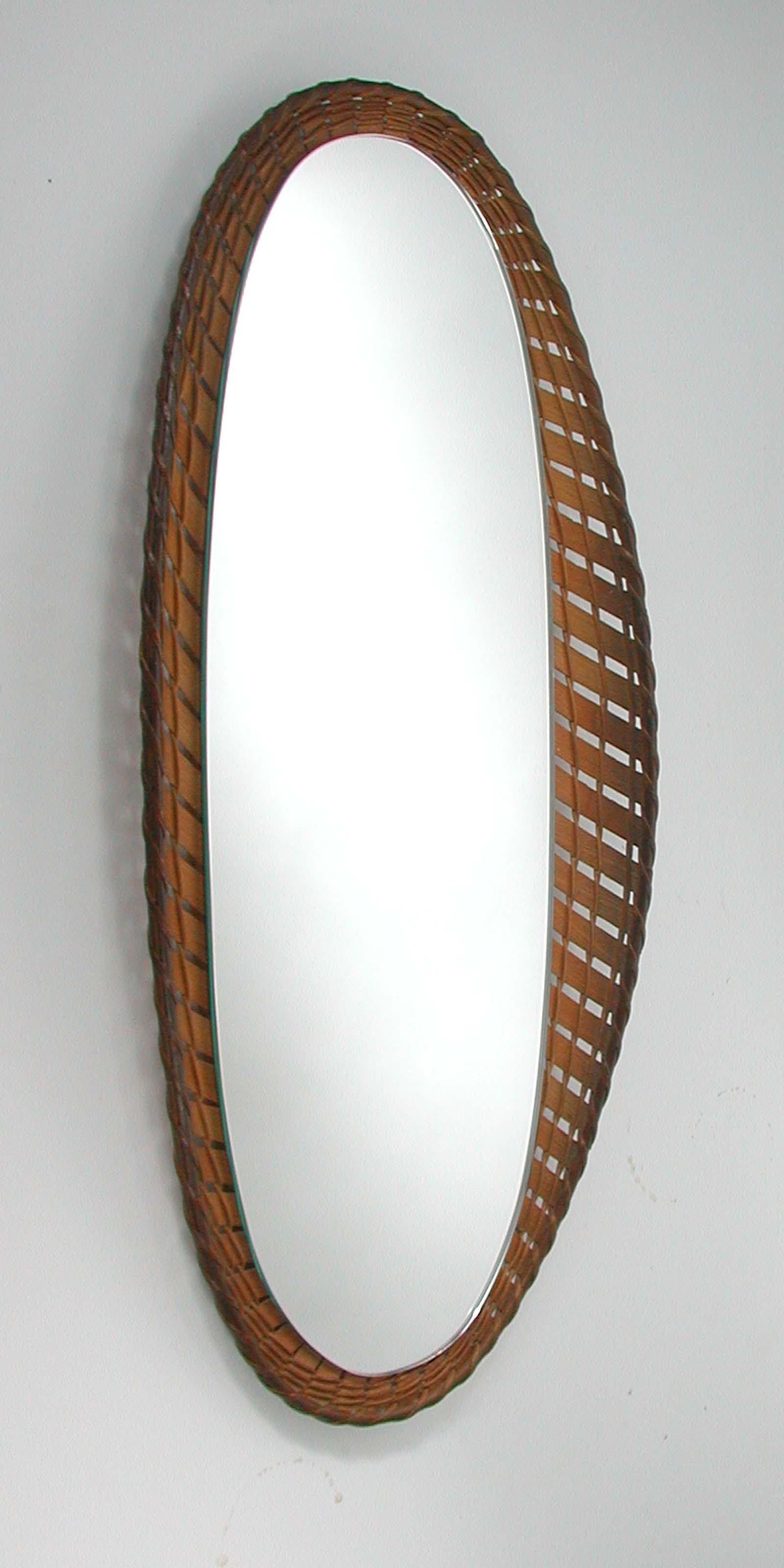 Large French Midcentury Oval Rattan and Wood Wall Mirror, 1950s 9