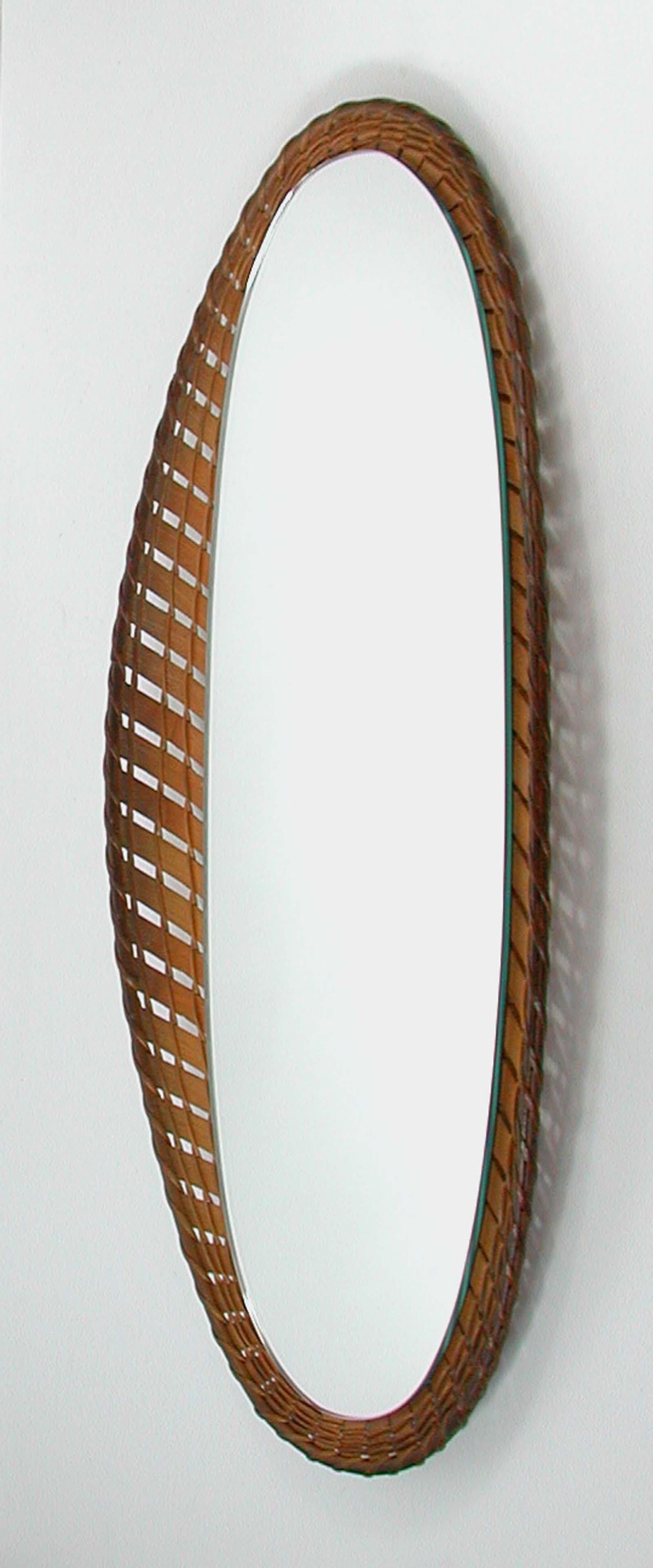 Scandinavian Modern Large French Midcentury Oval Rattan and Wood Wall Mirror, 1950s