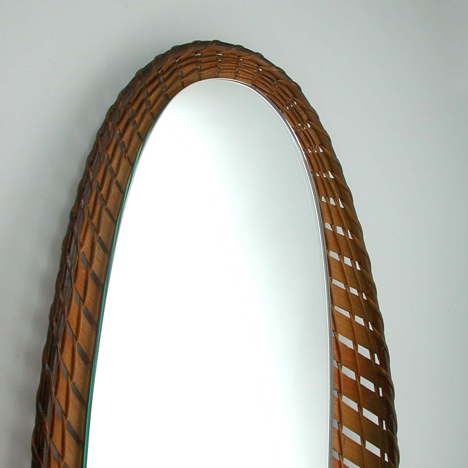 Large French Midcentury Oval Rattan and Wood Wall Mirror, 1950s 2