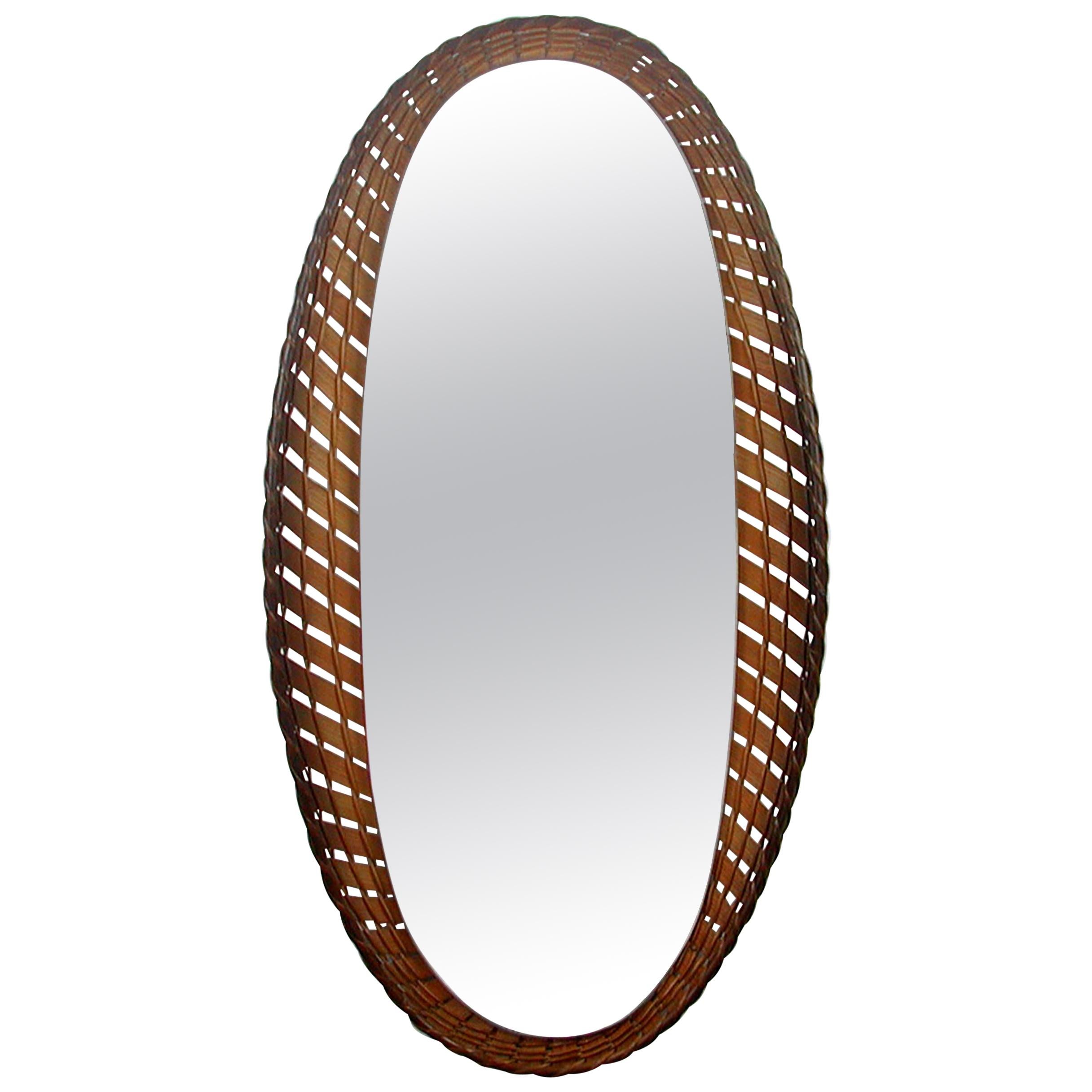 Large French Midcentury Oval Rattan and Wood Wall Mirror, 1950s