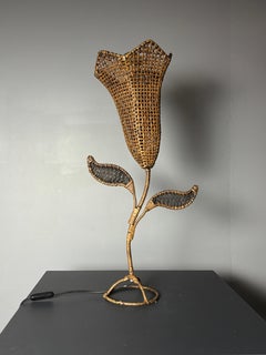 Large French midcentury rattan wicker flower tulip table lamp, 1960s