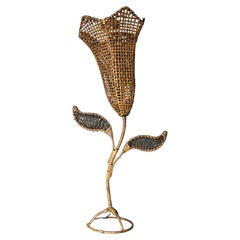 Large French midcentury rattan wicker flower tulip table lamp, 1960s
