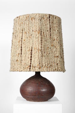 Large French Midcentury Stoneware Wool Shade Table Lamp