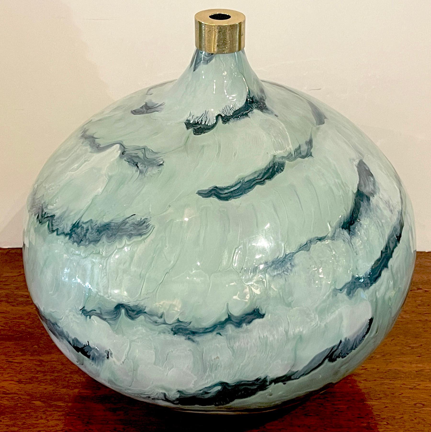 Large French Modern Blue & White Enameled Gourd Vase For Sale 4