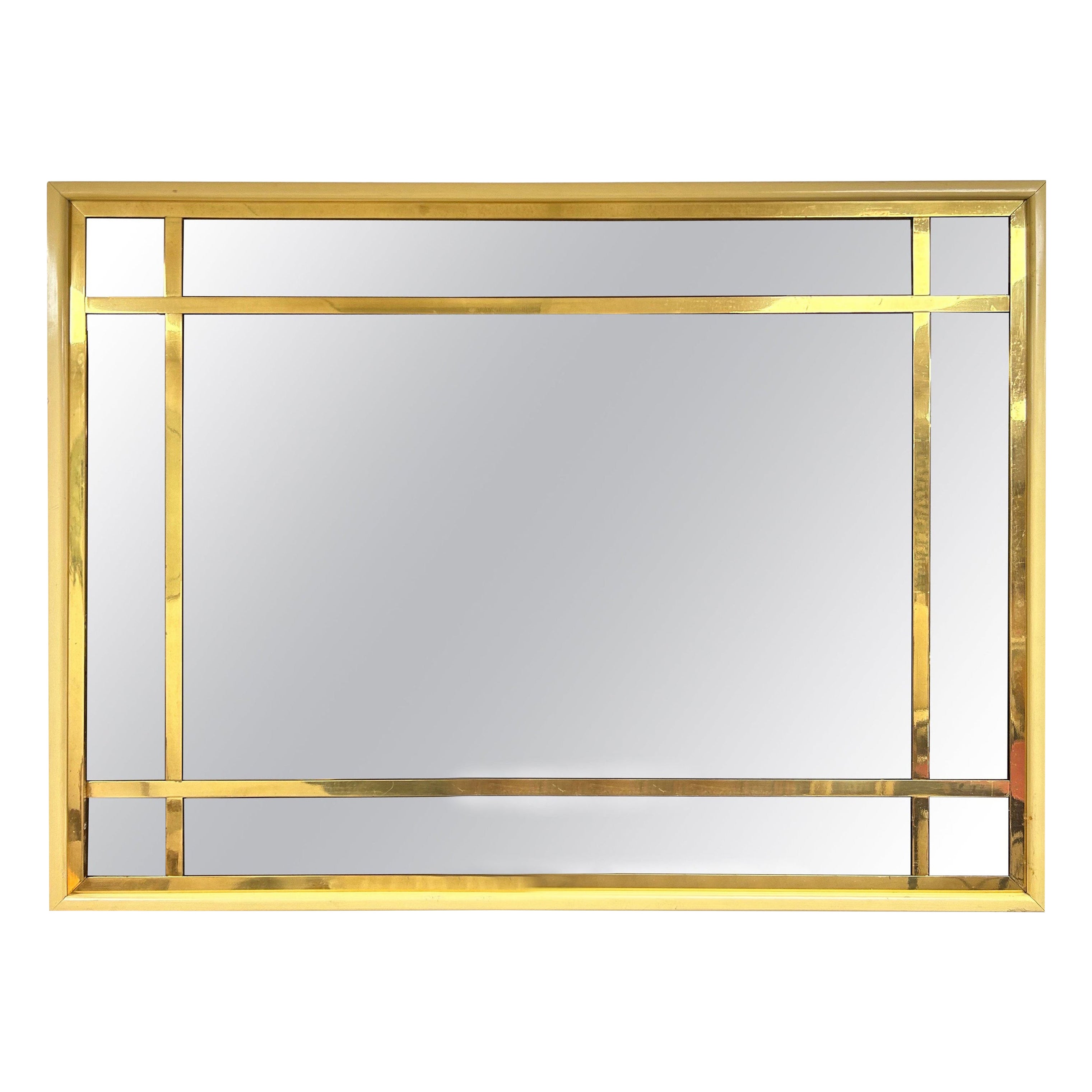 Large French Modern Brass and Smoked Glass Mirror