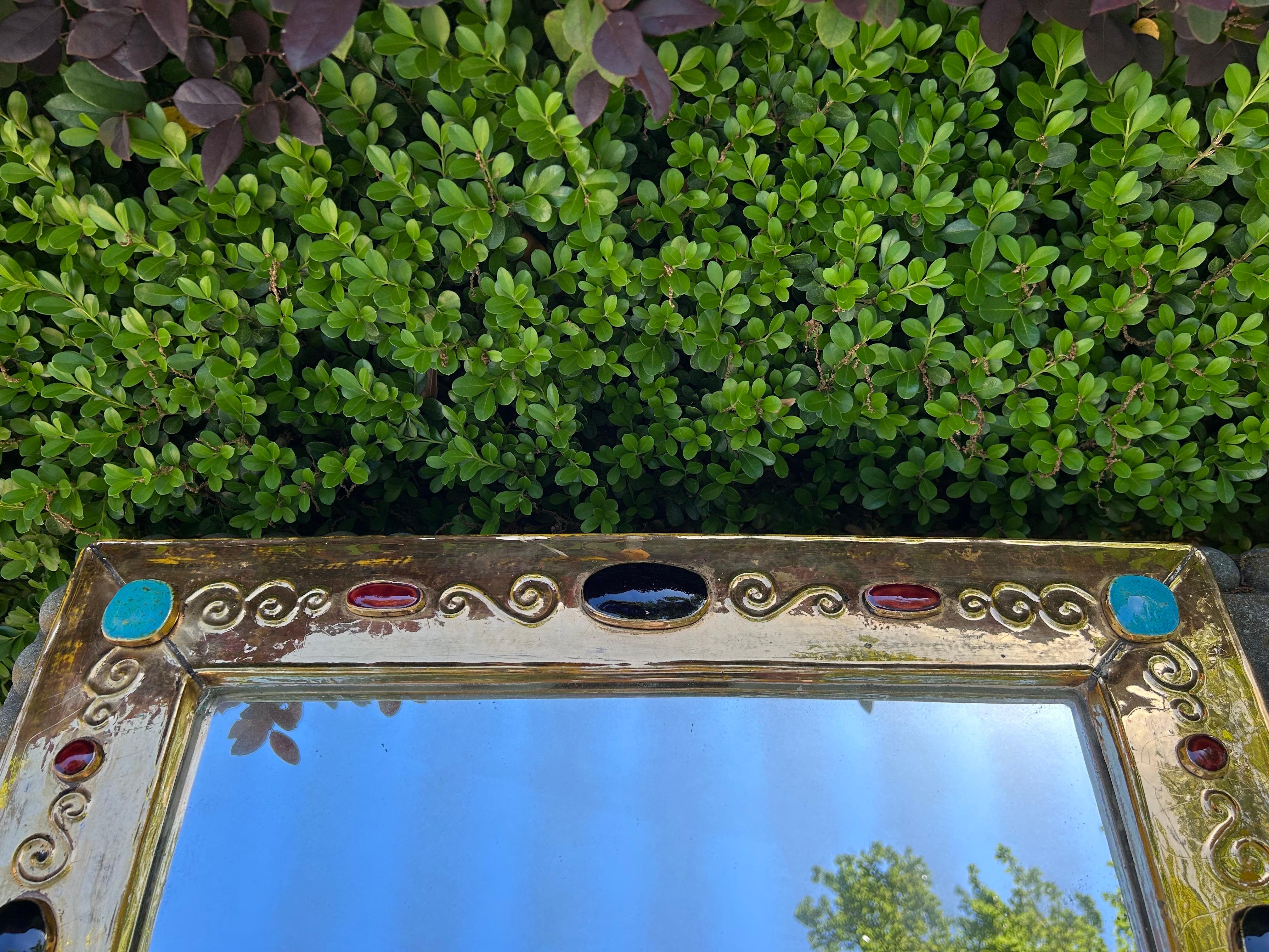 Gilt Large French Modern Ceramic Mirror Signed F. Lembo For Sale