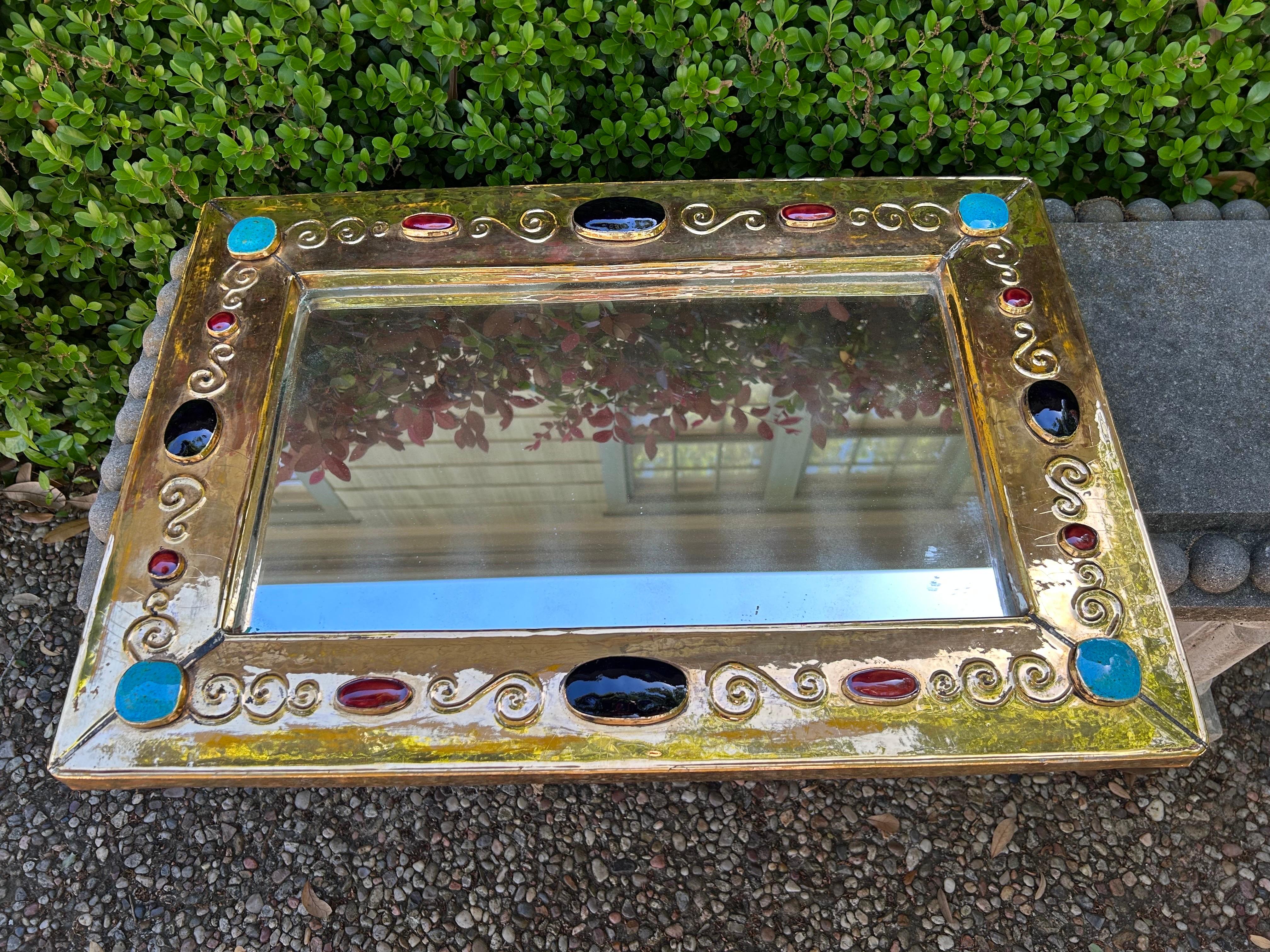 Large French Modern Ceramic Mirror Signed F. Lembo In Good Condition For Sale In Houston, TX
