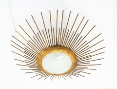 French Gilt Iron Sunburst Light Fixture or Pendant with Glass Shade